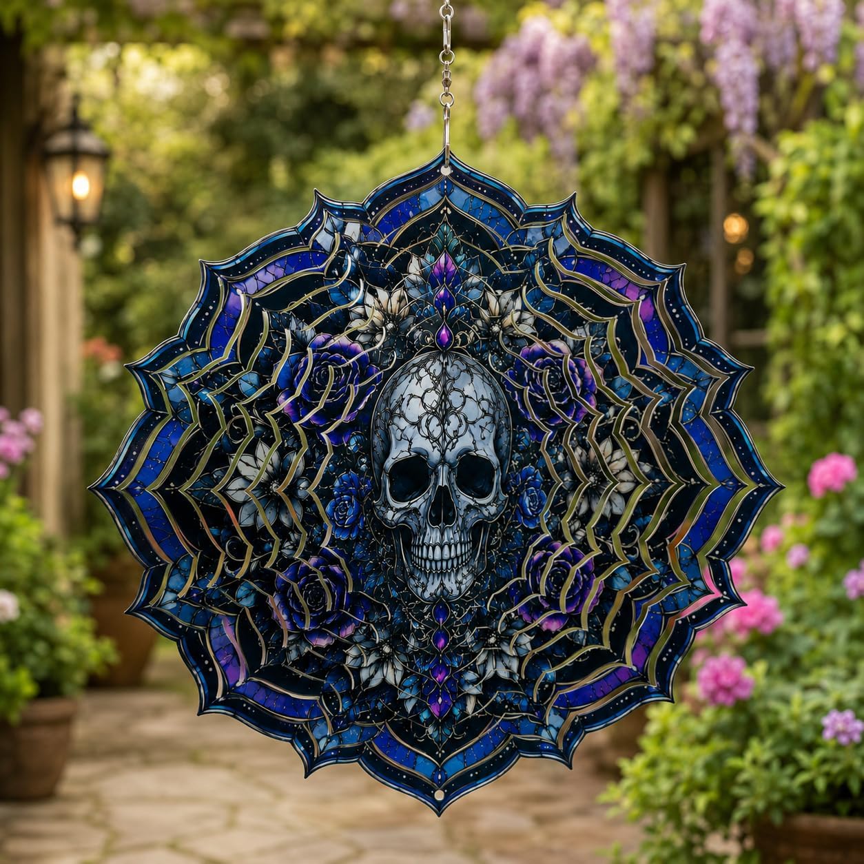 Shwing 12 Inch Wind Spinner Hanging Wind Sculptures Gothic Skull Metal Decor Double Sided Outdoor Kinetic Garden Art 3D Wind Spinner Hanging Ornament for Patio Porch Balcony Backyard Tree Decor