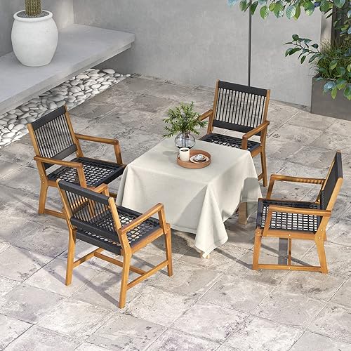 Miniatura 2 de Tangkula Juego de 4 sillas de comedor de madera de acacia para exteriores, sillas de patio tejidas con cuerda para todo tipo de clima con