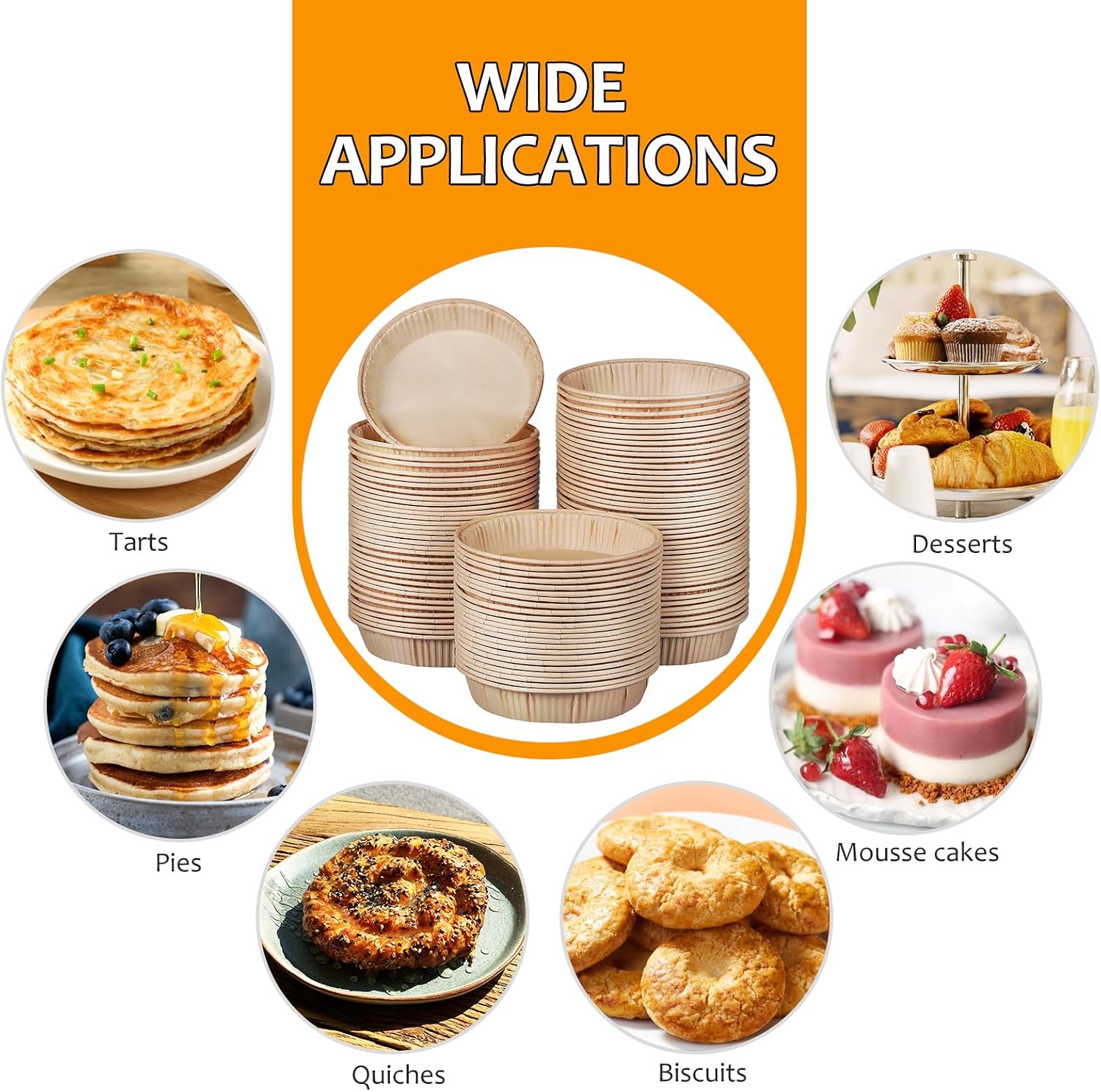 Cabilock 100Pcs Paper Mini Tart Pans for Baking, Disposable Pie Trays Quiche Baking Dish, Round Muffins Mold Containers, Oven Microwave Safe for Pies, Tarts, Cookies, Small Cakes, Desserts