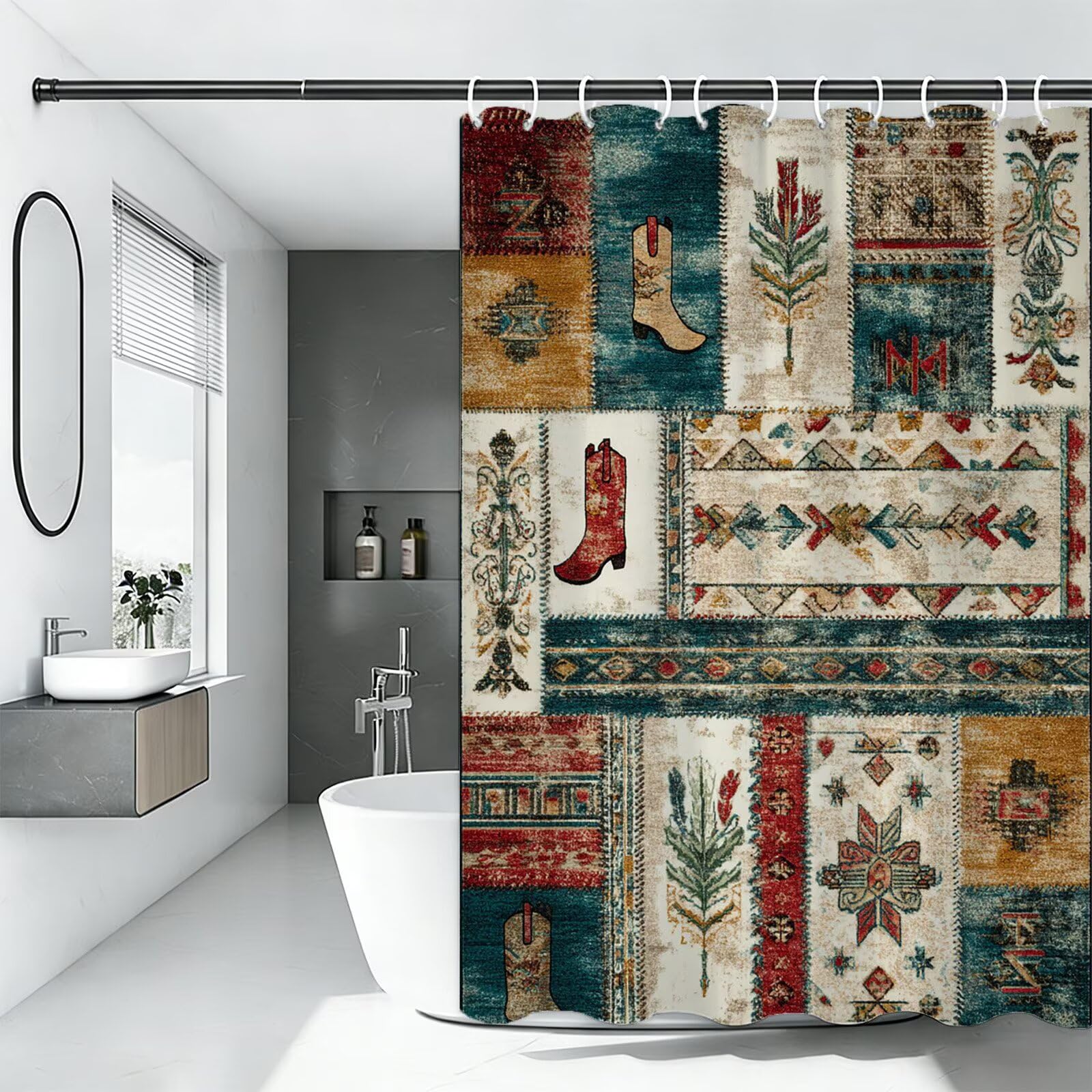 Zasłona prysznicowa boho 200 x 220 cm, wodoodporna, szybkoschnąca, nadająca się do prania, tkanina poliestrowa, bardzo długa, obciążony brzeg, z 12 haczykami, dekoracja łazienki, dekoracja wilgotnych