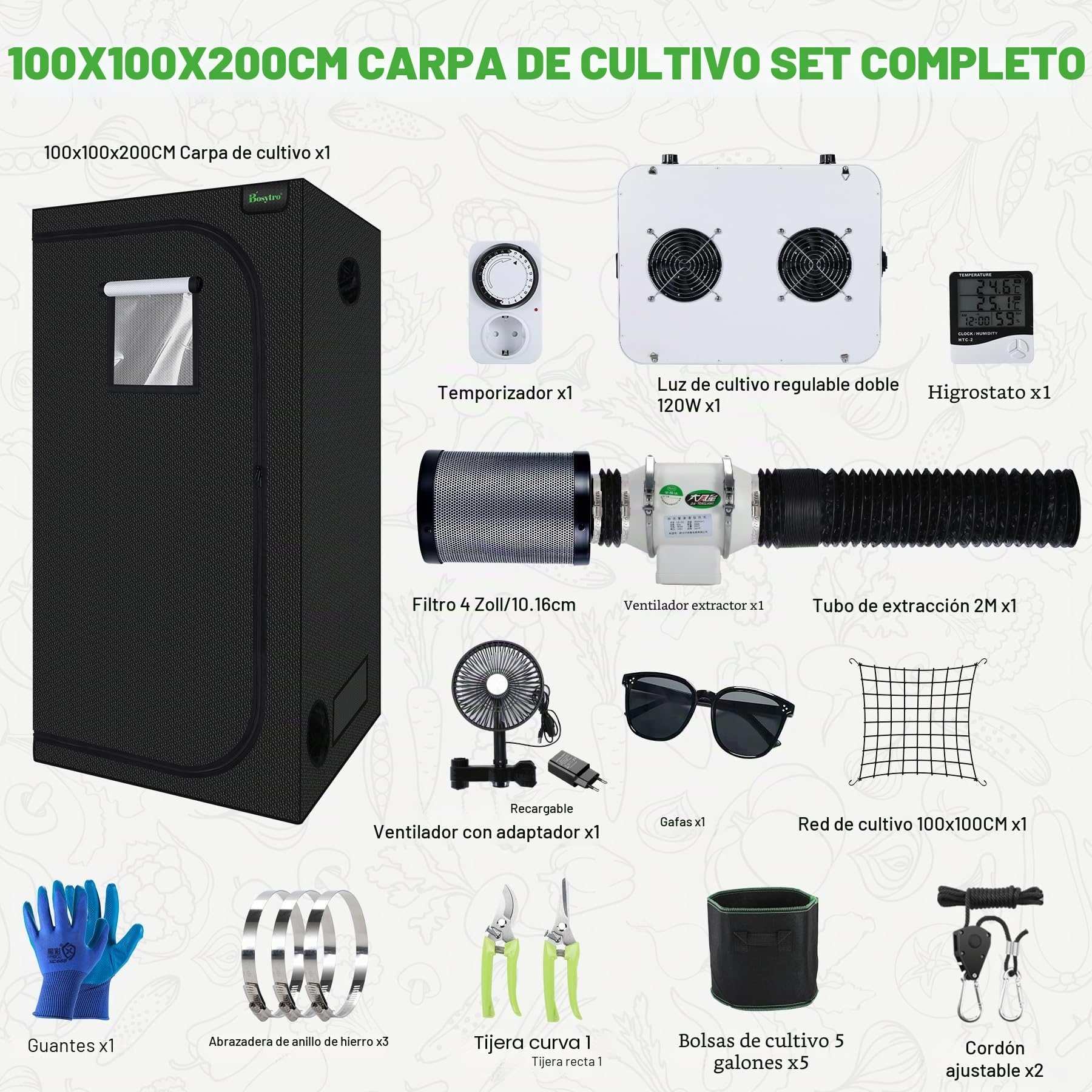 Crecer Carpa Kit Completo, Armario Cultivo Interior, Luz para Plantas, Hidroponia Kit Completo, 600D Lona con termohigrómetro y Temporizador, Apto para Uso Interior y Exterior(100x100x200cm)