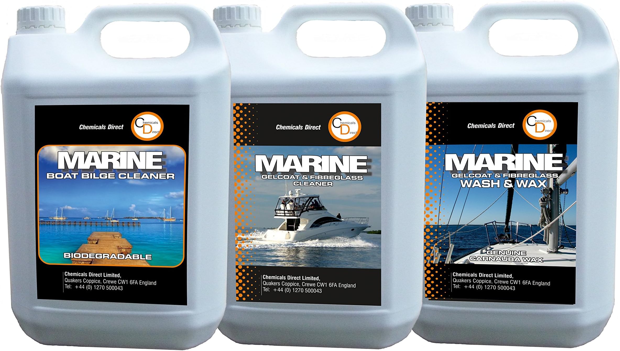 Chemicals Direct 3x5 Ltrs Boat Gelcoat Cleaner, Bilge Cleaner, Carnauba Wash & Wax GREAT SAVING!!