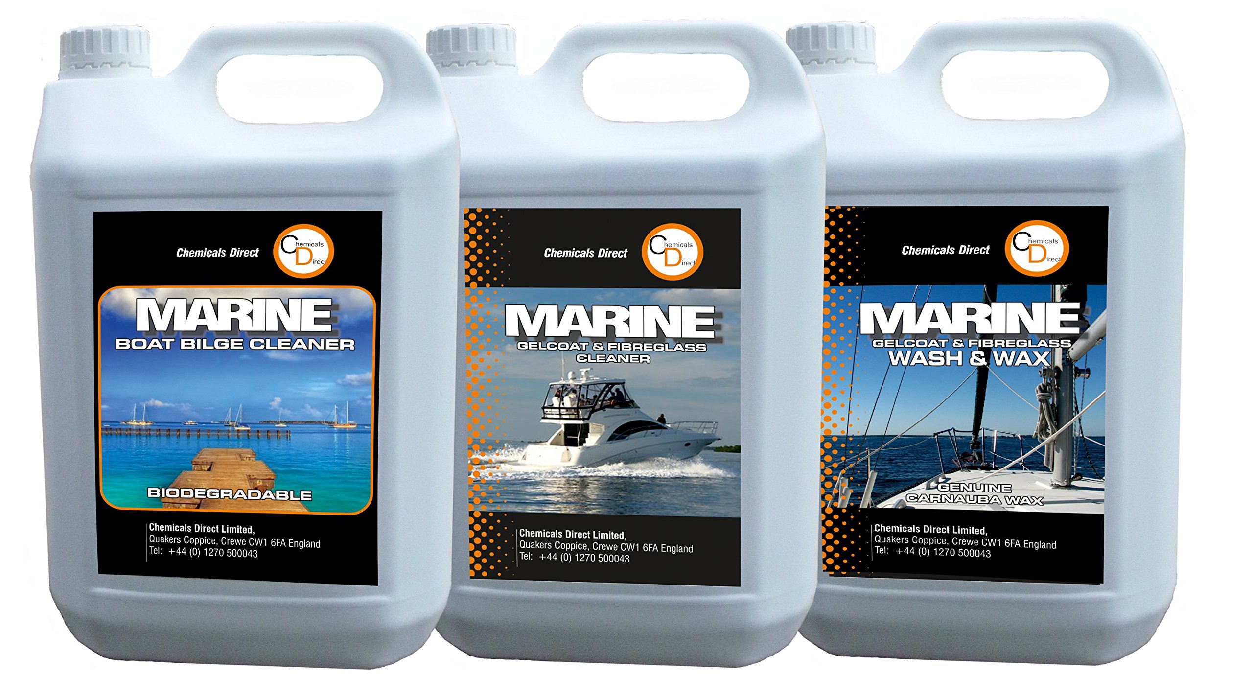 Chemicals Direct 3x5 Ltrs Boat Gelcoat Cleaner, Bilge Cleaner, Carnauba Wash & Wax GREAT SAVING!!