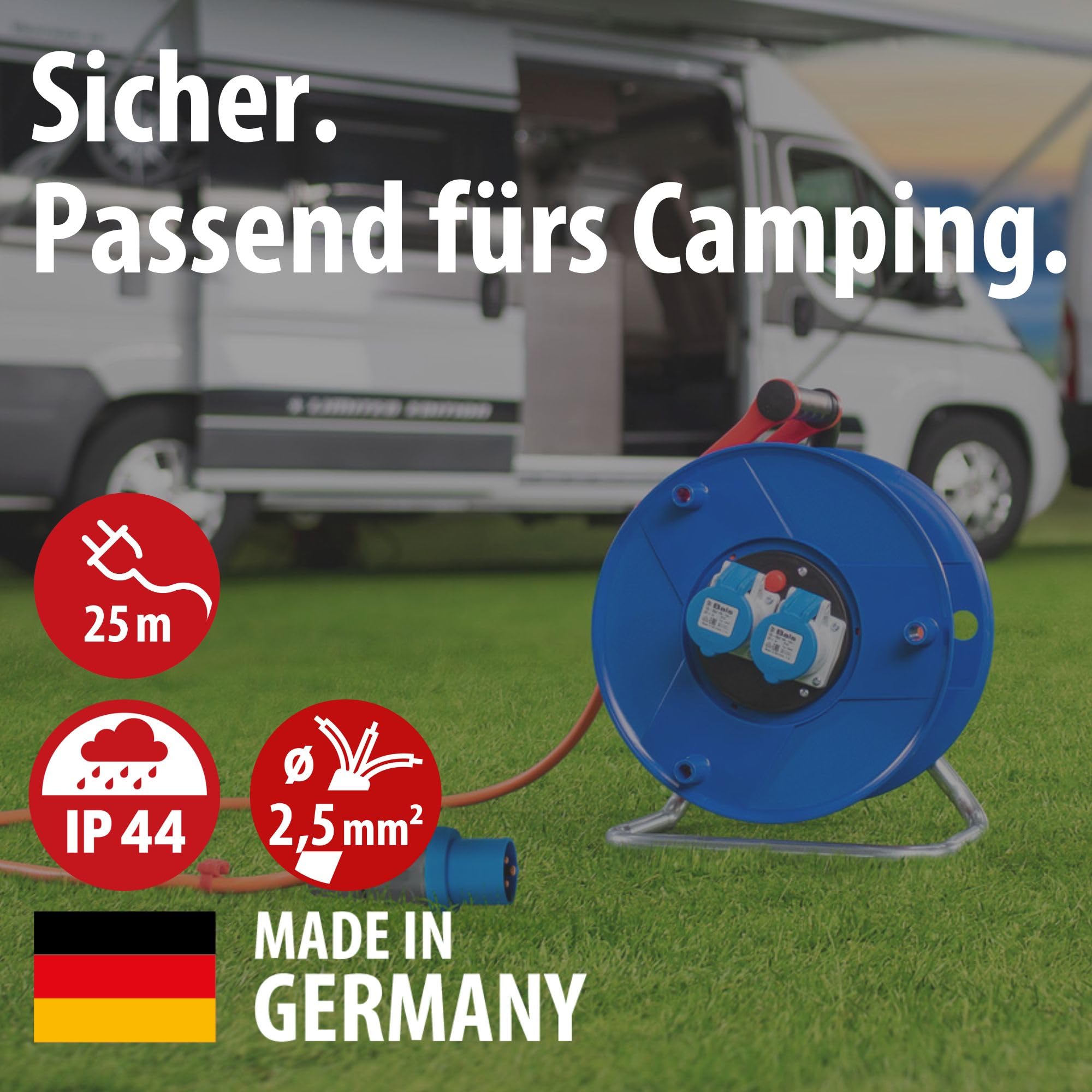 Brennenstuhl CEE 230V Camping-Kabeltrommel (25m H07RN-F 3G2,5 Kabel in orange, Kabeltrommel mit 2 CEE-Steckdosen, für den ständigen Einsatz im Außenbereich IP44, Made in Germany)