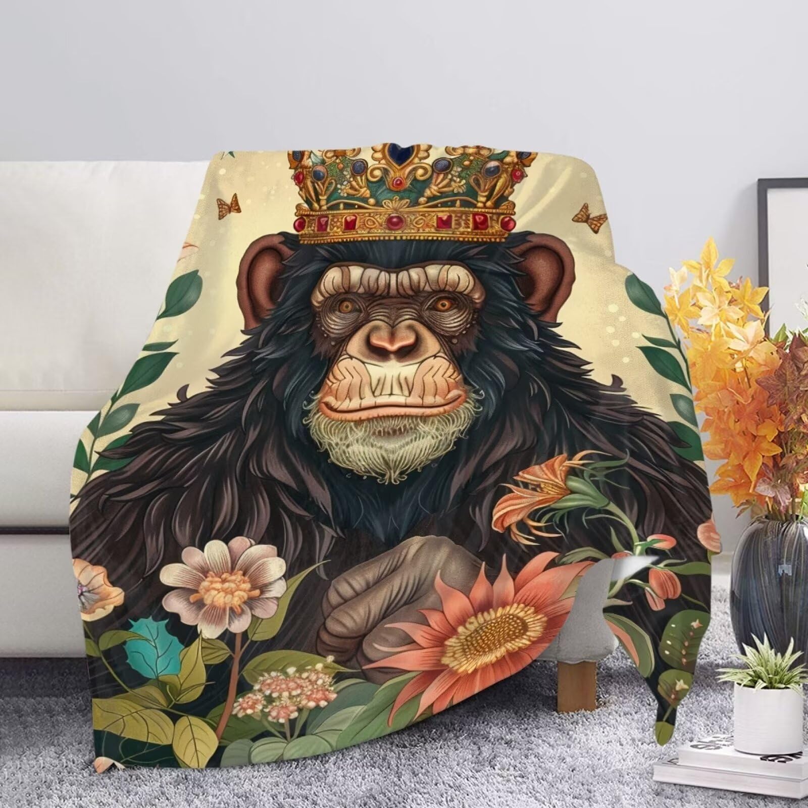 Allcute Illustration Art Floral Monkey Throw Blanket for Couch Sofa Home Fuzzy Soft Beige Throw Blankets for Bed Chair Lightweight Cozy Blanket for Fall Winter Travel