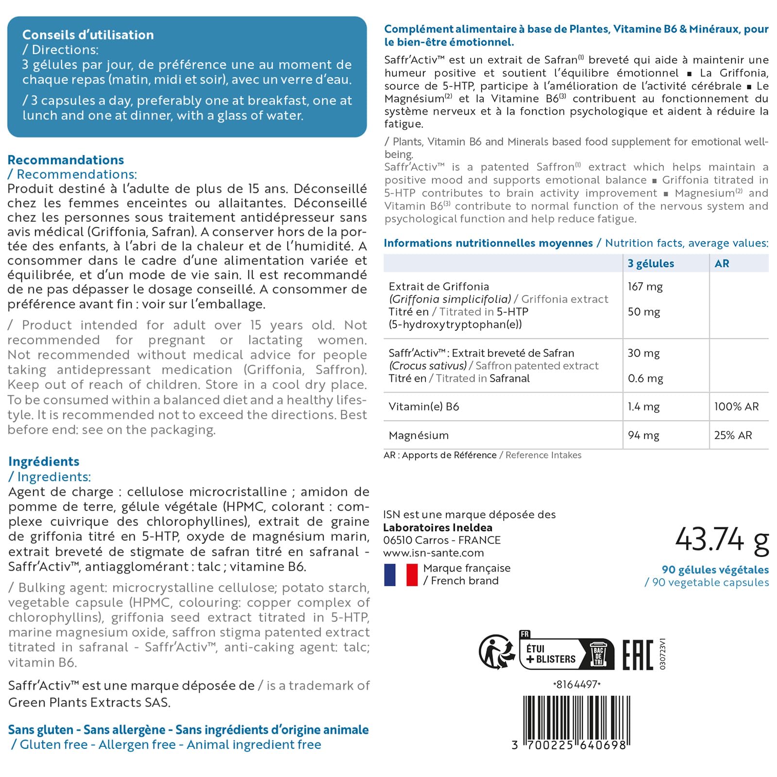 ISN - Euphoryl - Complément alimentaire - Safran et Magnésium Marin - Bon équilibre émotionnel - Vitalité - 90 gélules végétales - Cure 60 jours - Lot de 2