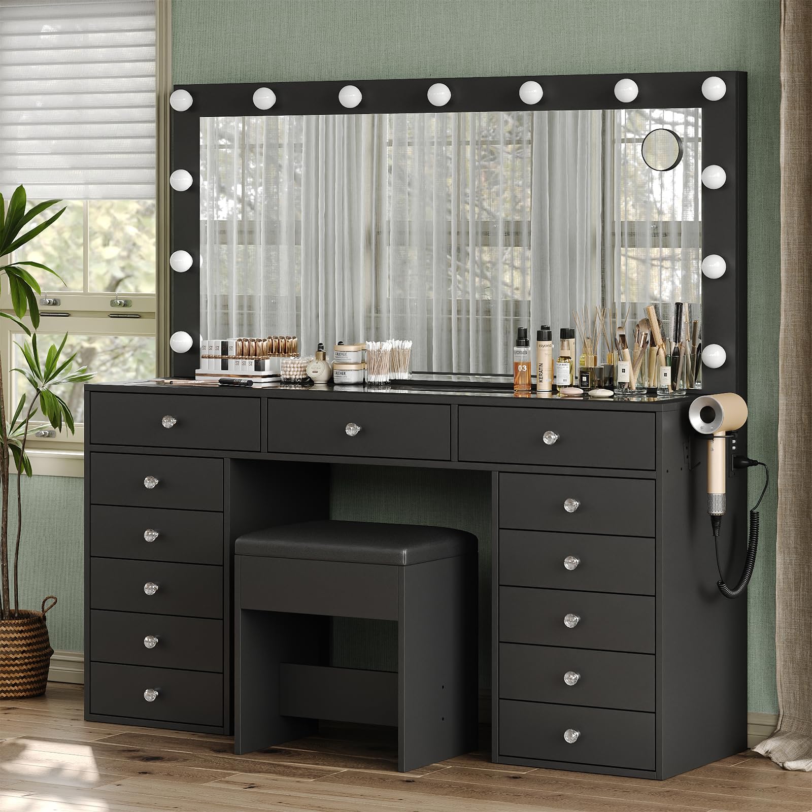 Yanosaku 55-inch Black Vanity Desk with mirror, drawers, and stool