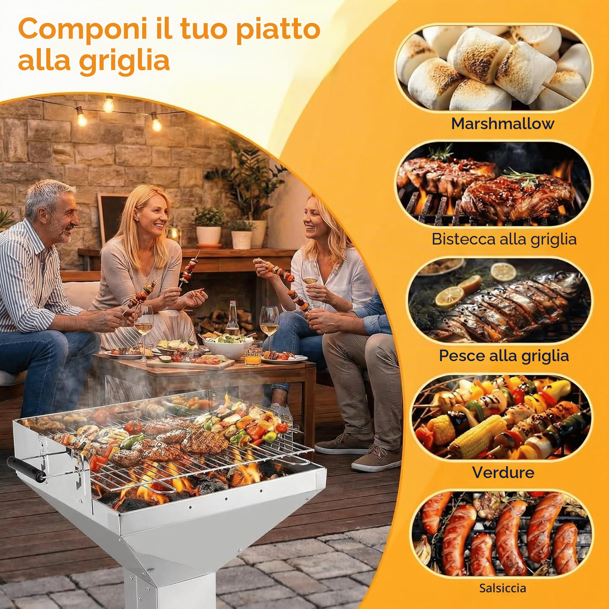 TLGREEN Barbecue a colonna in acciaio inox 63x48x92cm con griglia cromata e altezza regolabile