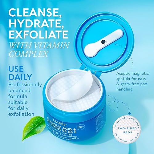 Miniatura 2 de MAREE Esmalte facial  Almohadillas de ácido glicólico para cara con aceite de árbol de té  Esmalte exfoliante con ácido salicílico y vitaminas E,