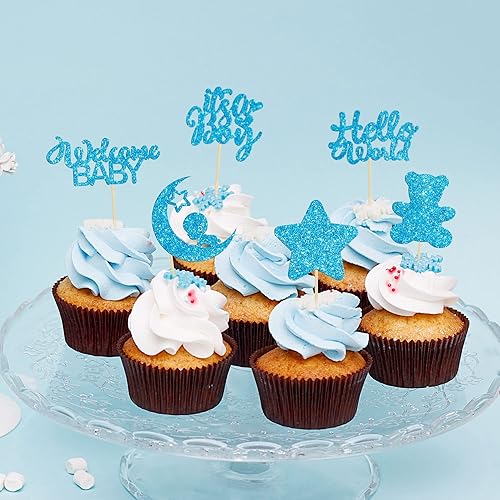 Miniatura 5 de Gyufise 24 piezas de decoración para cupcakes con luna con purpurina de oso de estrella It's a Boy Welcome Baby Shower Cupcake Picks para revelación