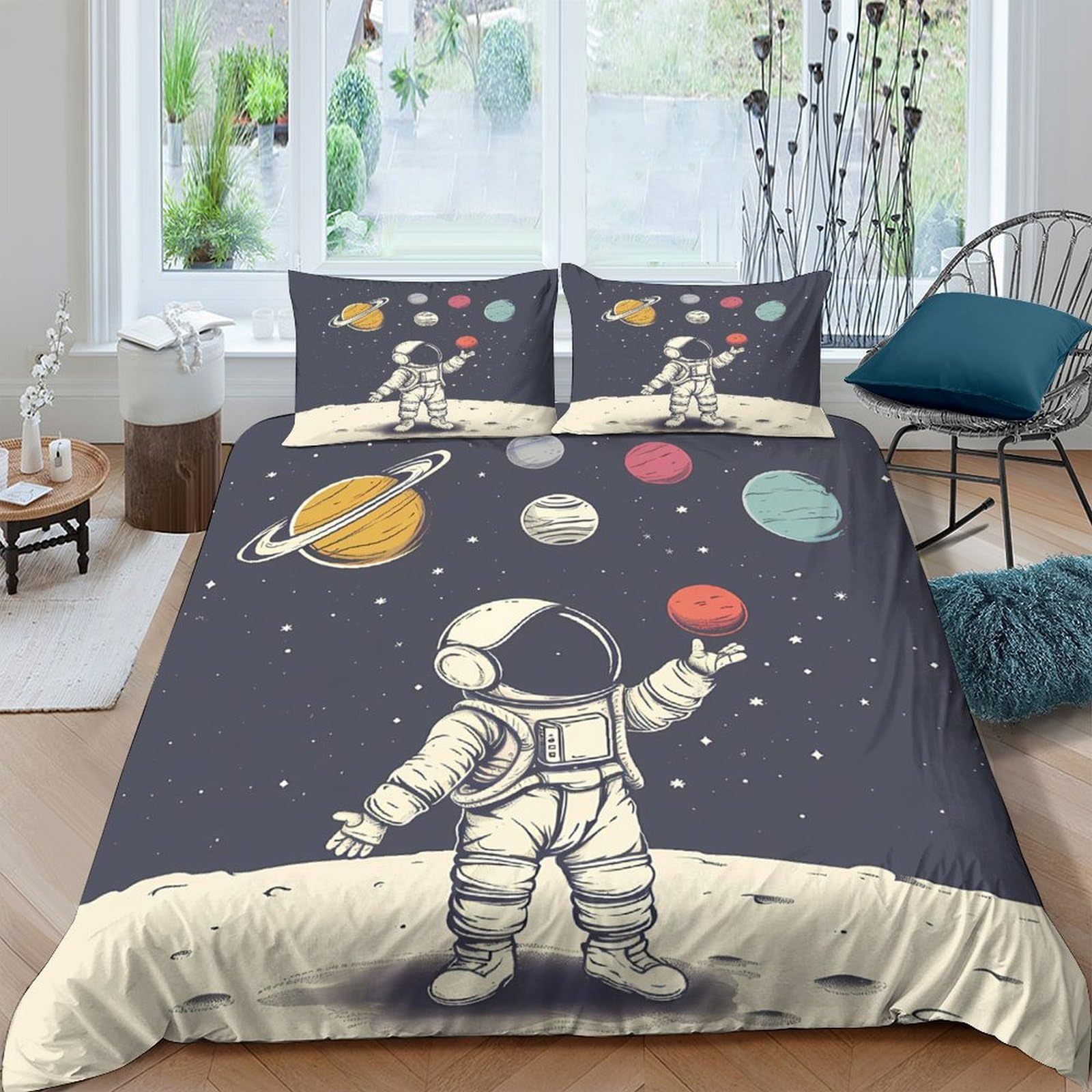 GPLZQXKJNH 3D Printed Astronaut Space Universe Duvet Cover Microfiber Soft Breathable Solar System Bedding Set with 2 Pillowcases for Bedroom Home Decor Single（135x200cm）