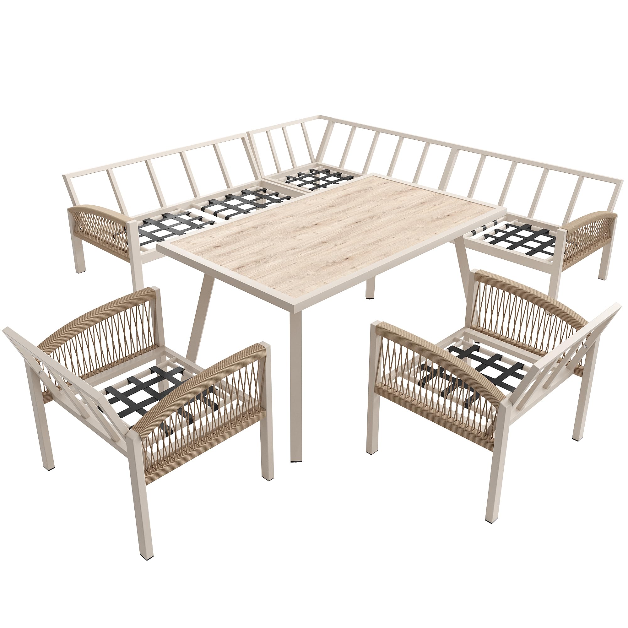 Set di mobili da giardino per 8 persone, 4 pezzi, 1 tavolo con piano in vetro effetto legno, 2 poltrone intrecciate a mano, 1 divano, struttura in ferro con cuscino beige, inclusi tutti i