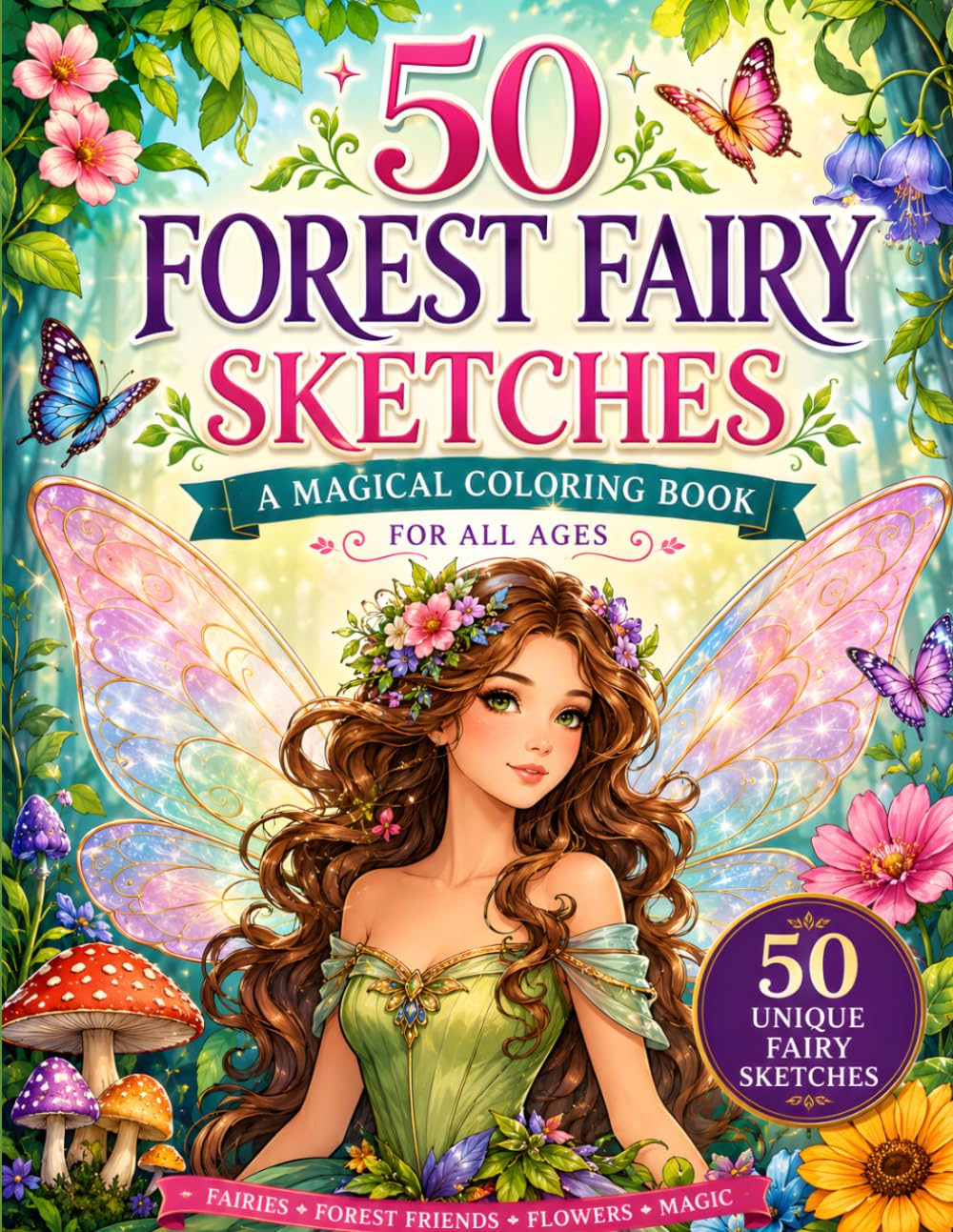 50 Forest Fairy Sketches: A Magical Coloring Adventure Featuring Enchanting Fairies, Woodland Creatures, Flowers, and Whimsical Forest Scenes for Stress Relief and Creative Fun