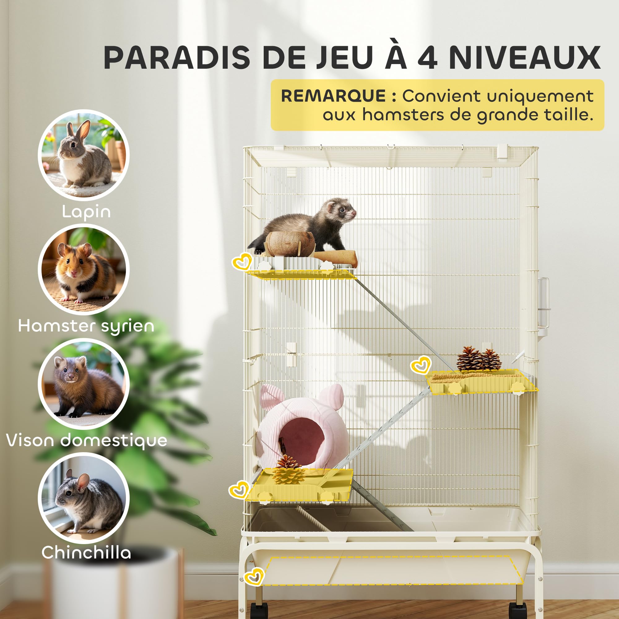 PawHut Cage Enclos Lapin à 4 Niveaux, 2 Portes 69 x 44 x 120 cm Beige | Parc Lapin pour Furets et Chinchillas, 3 Rampes, Plateau Profond de 15 cm, Roulettes, Bouteille d'Eau, Gamelle