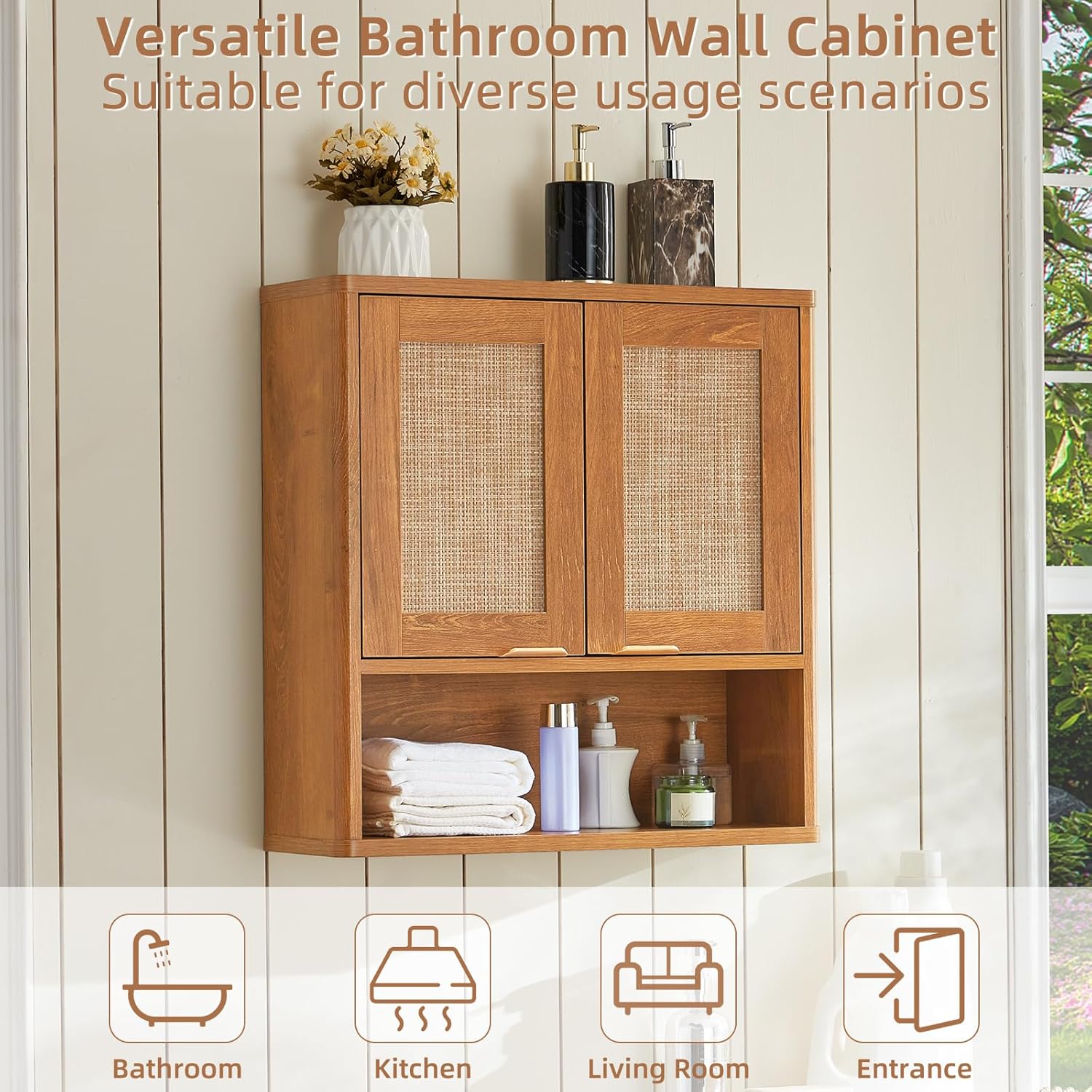 Lerliuo Rattan Bathroom Wall Cabinet, Boho Medicine Cabinet with Adjustable Wood Shelf, 2 Doors Over The Toilet Storage Cabinets for Laundry Room, Kitchen, Living Room, Tea Brown
