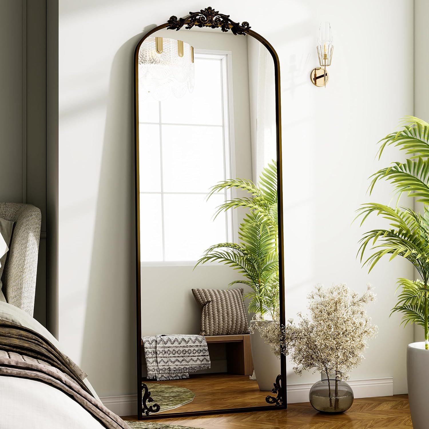 Vintage Full Length Mirror, 21 x 64 Inch Carved Arched Floor Mirrors Full Body Mirrors with Stand for Bedroom, Entryway,Bronze