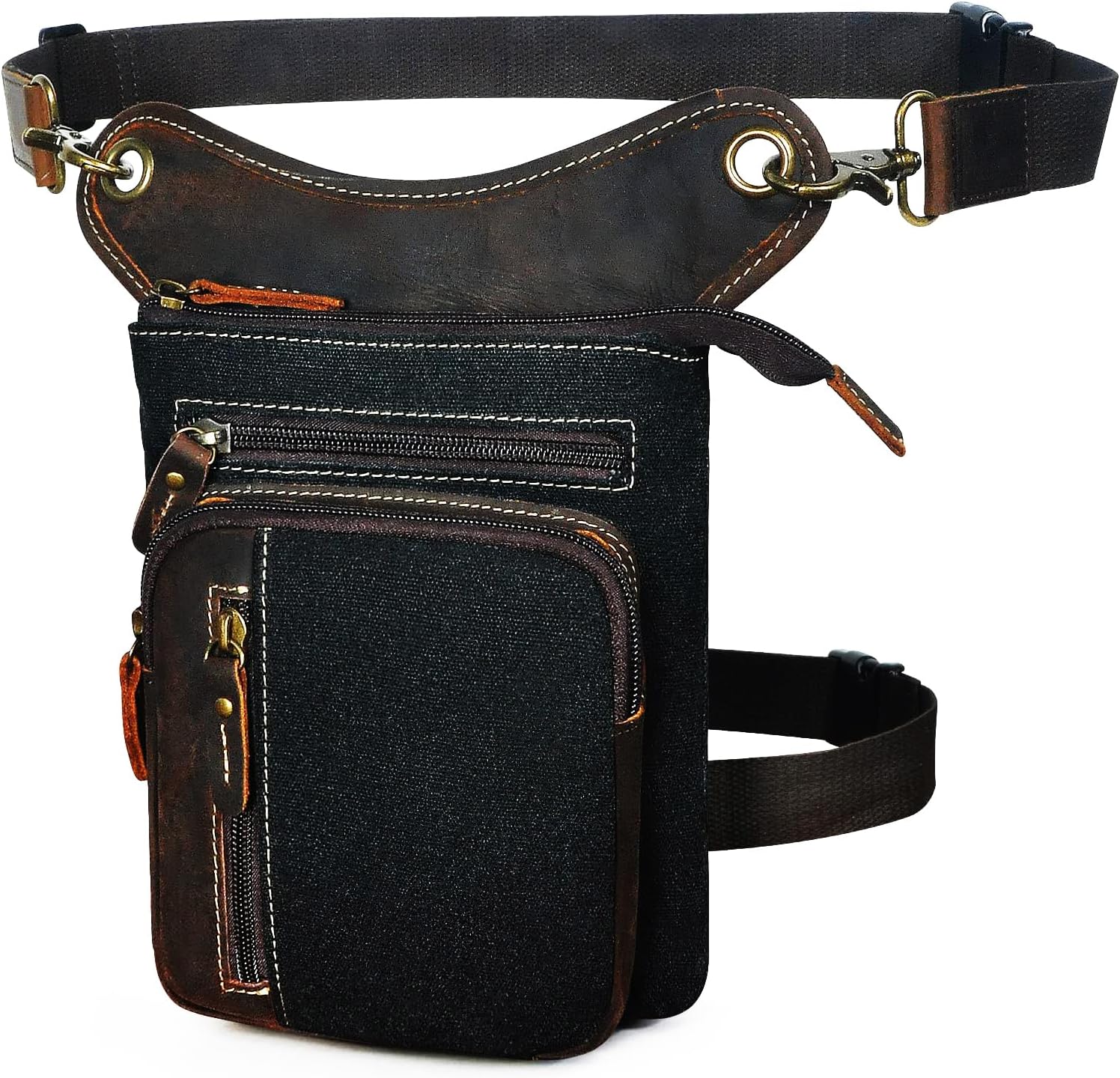 Water Resistant Canvas + Leather Motorcycle Fanny Waist Pack One Shoulder Drop Leg Thigh Bag For Men Women FB211-6