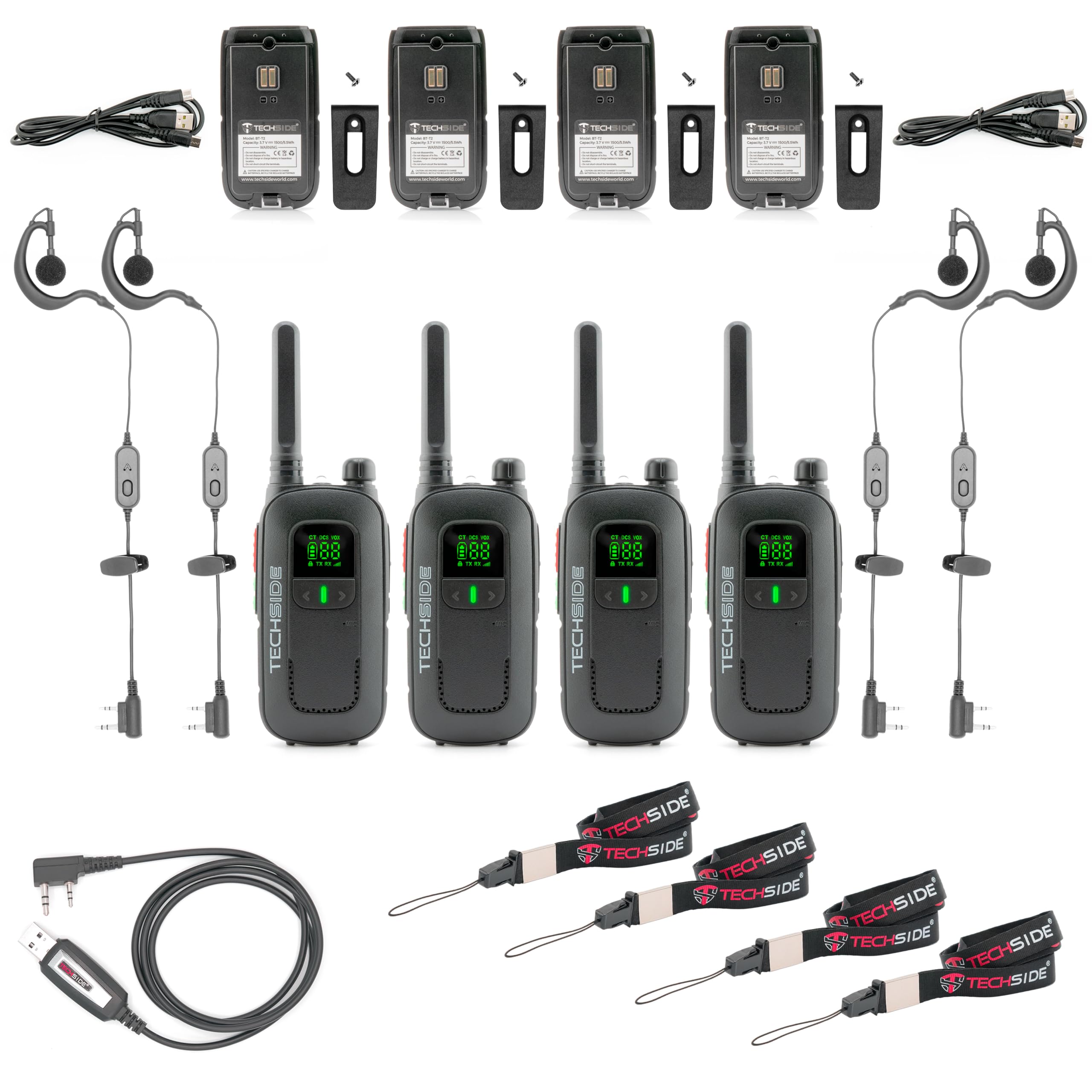 Techside TS-T2 Profesjonalna Krótkofalówka Walkie Talkie PMR446 16 Kanałów (Bez Zezwoleń) | VOX 5 Poziomów | Automatyczne Skanowanie Kanałów | Słuchawka i Ładowarka USB Pełny Zestaw | Zestaw 4 szt.