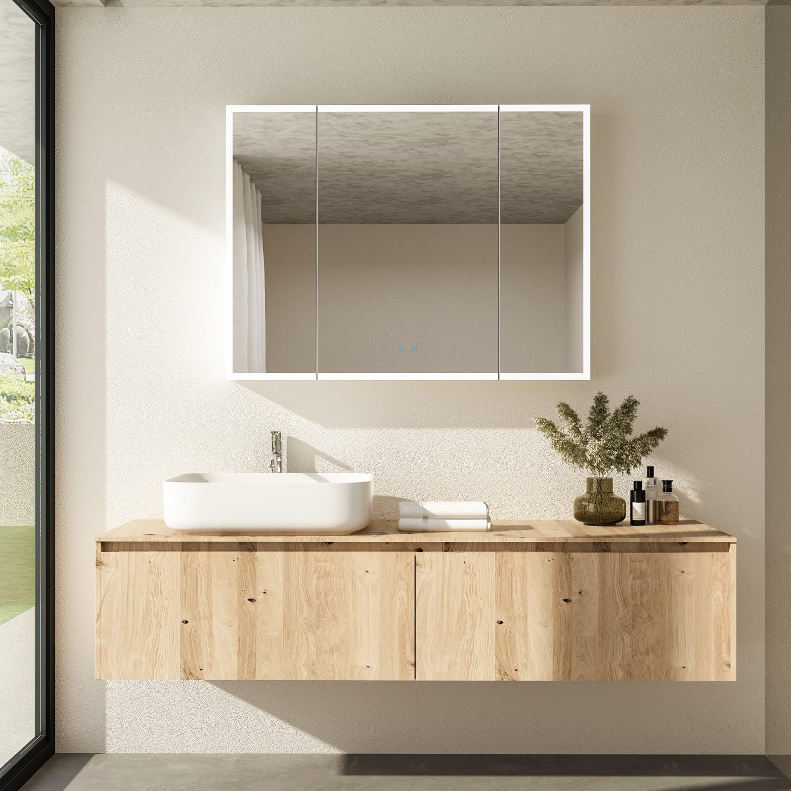 MOUMON Medicine Cabinet with Lighted Mirror, Anti-Fog, 46 x 34.6 Wall Mounted Bathroom Mirror Cabinet with Storage Shelves, 3 Color Lights, 46.1”W x 5.3”D x 34.6”H