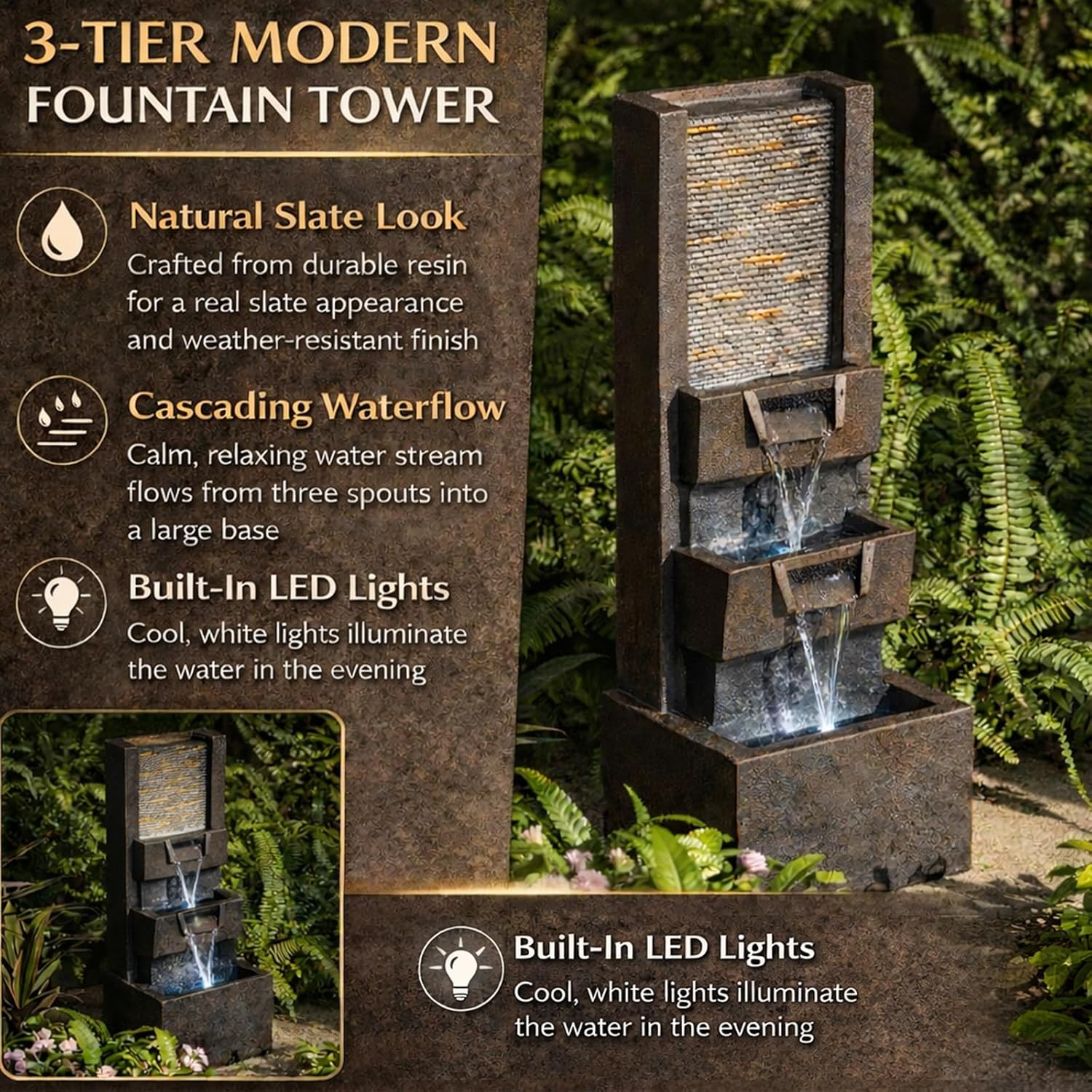Outdoor Water Fountain with LED Lights 3 Tier Cascading Modern Waterfall Fountain for Patio Garden Balcony Yard Tabletop Zen Relaxing Water Feature Resin Outdoor Decor 23.6 Inch