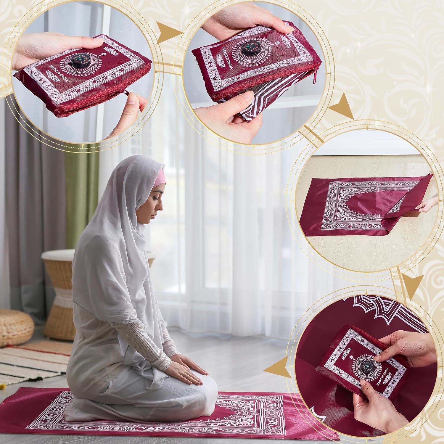 Mindsoft 32 Pcs Portable Travel Prayer Mat with Compass Islamic Waterproof Polyester Praying Rug with Pocket Sized Carry Bag for Muslim Ramada Eid Gifts (60 cm x 100 Cm)