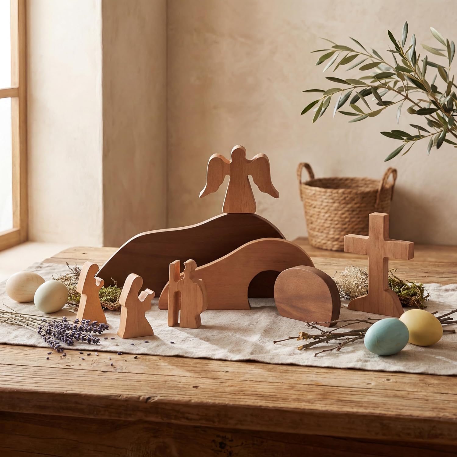Vercraft 9 Pcs Religious Easter Decorations for Home Empty Tomb Easter Scene and Cross Decoration Wooden Resurrection Scene Set Jesus Nativity Tomb Decor for Christian Table Tiered Tray Office Crafts