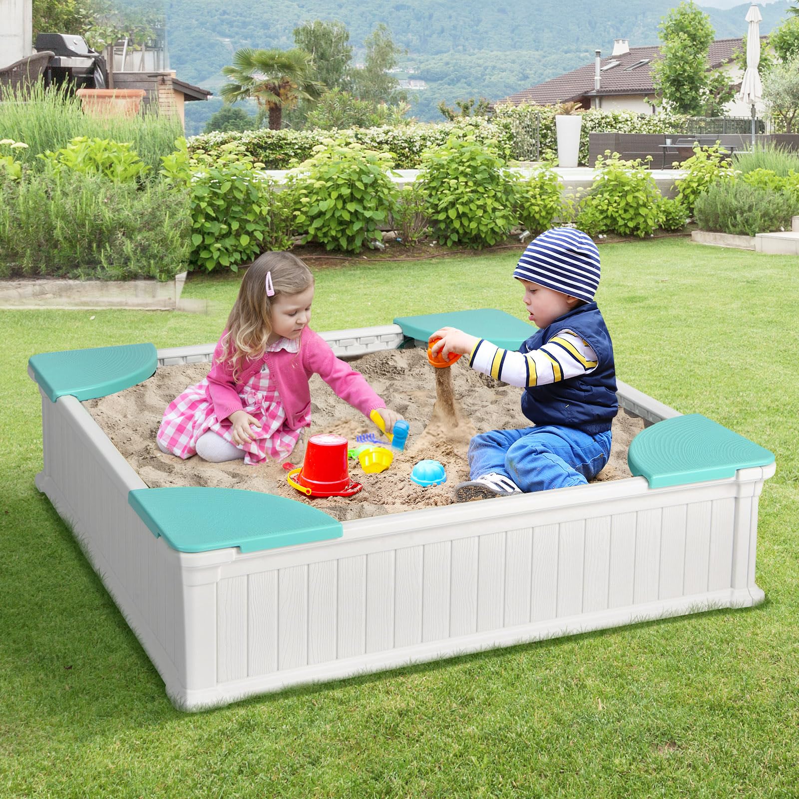 COSTWAY Sabbiera per Bambini, Sabbiera da Cortile con 4 Sedute Angolari e Copertura in Oxford, per Cortile Spiaggia Prato, 123,5 x 123,5 x 31,5 cm (Verde+Bianco)