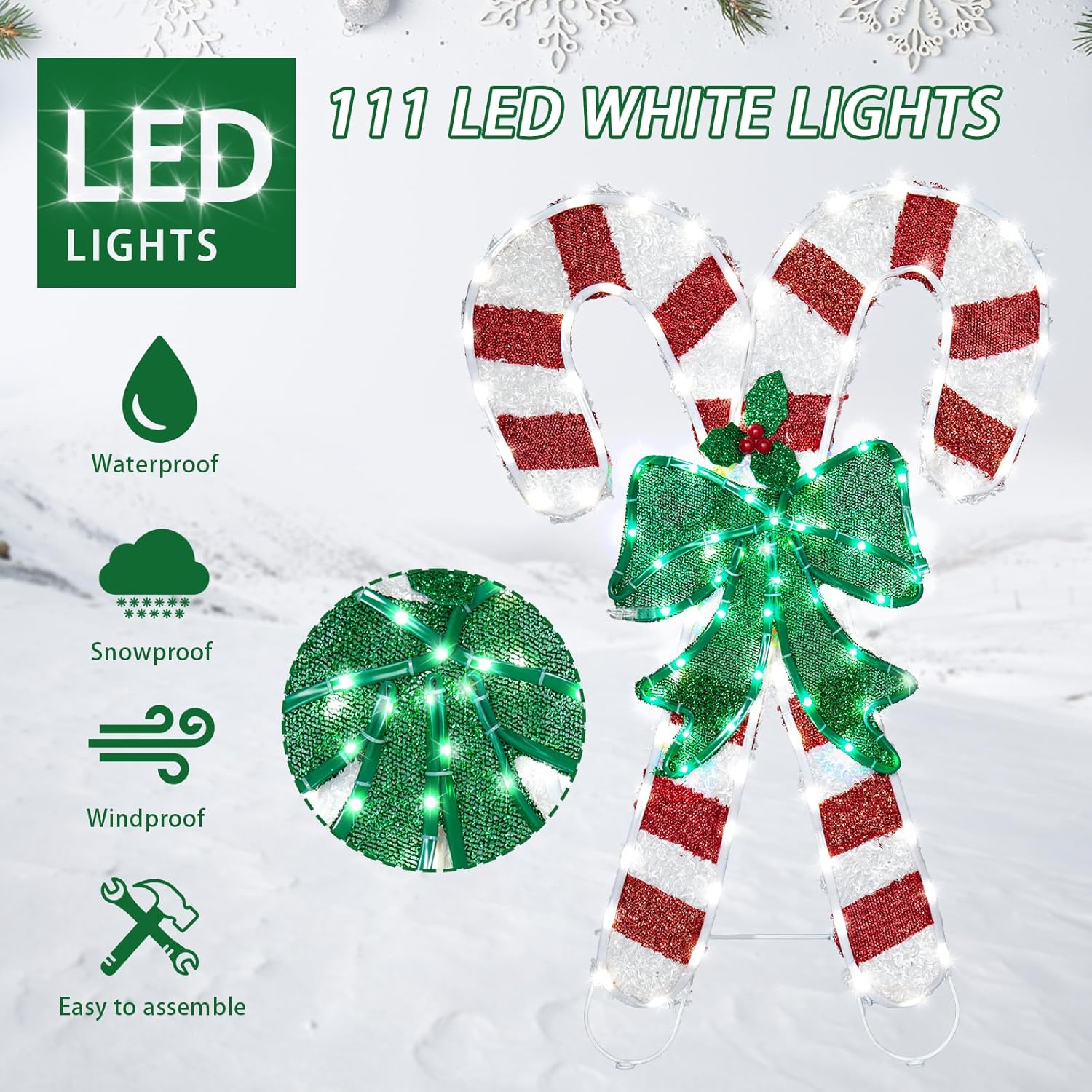 Christmas Candy Cane Lighted Decoration Christmas Lighted Crossed Candy Canes with Holly Berries Pre-Lit Decoration for Xmas Home Pathway Lawn Party Display