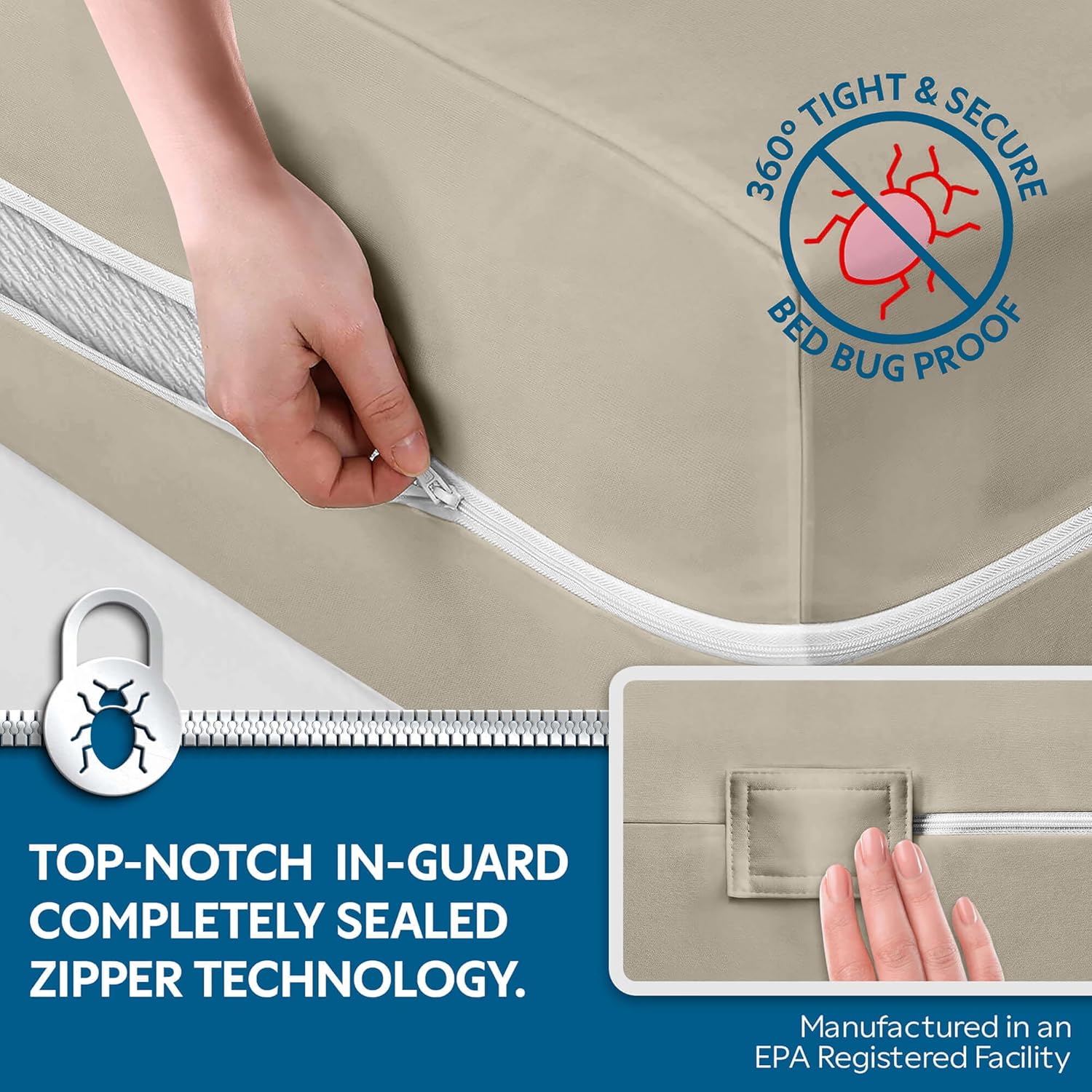guardmax jersey knitted queen zippered mattress encasement - waterproof & bed bug proof mattress protector - comfortable, soft, and noiseless zippered bedding - dust mite proof (60 x 80 x 12) queen - 12" deep 7 - taupe