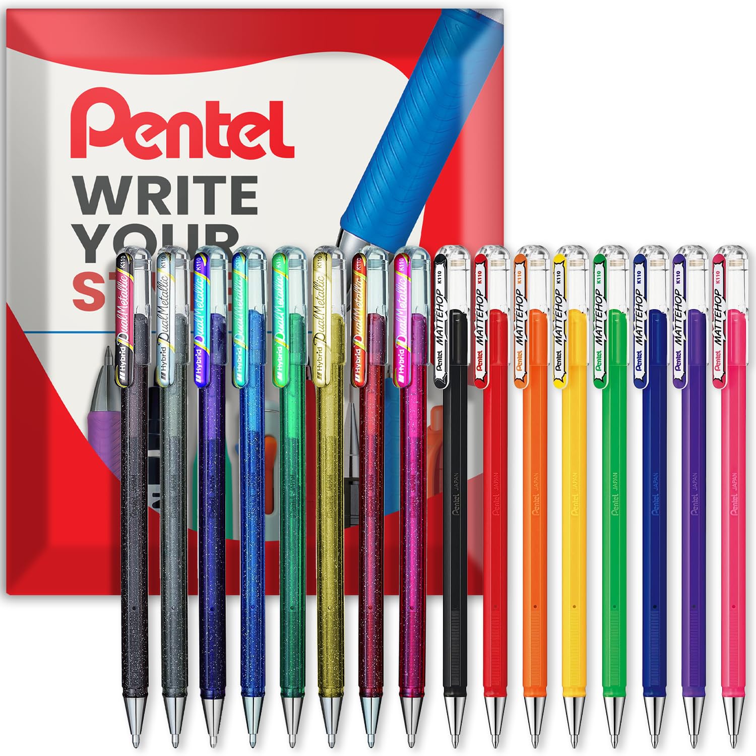 Pentel Hybrid – Dual Metallic/Mattehop – Stylos à bille à encre gel liquide – Pointe K110–1,0 mm – Lot de 16 couleurs – Emballage cadeau