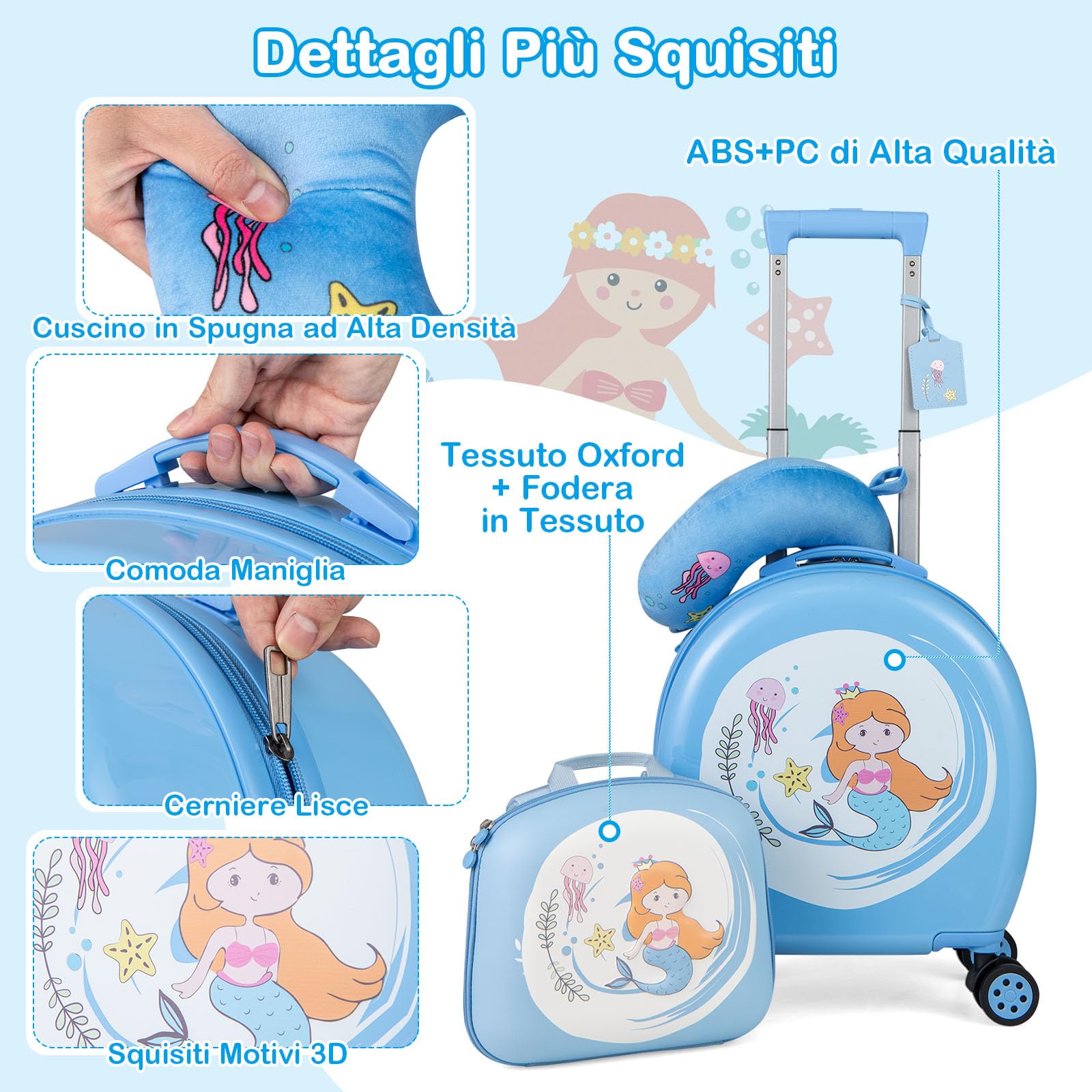 RELAX4LIFE Juego de Maleta Infantil para Niños de 4 Piezas, Maleta de 35,5 cm y Mochila de 25 cm con Cojín para El Cuello y Etiqueta de Nombre, Maleta Niños con Ruedas (Azul)