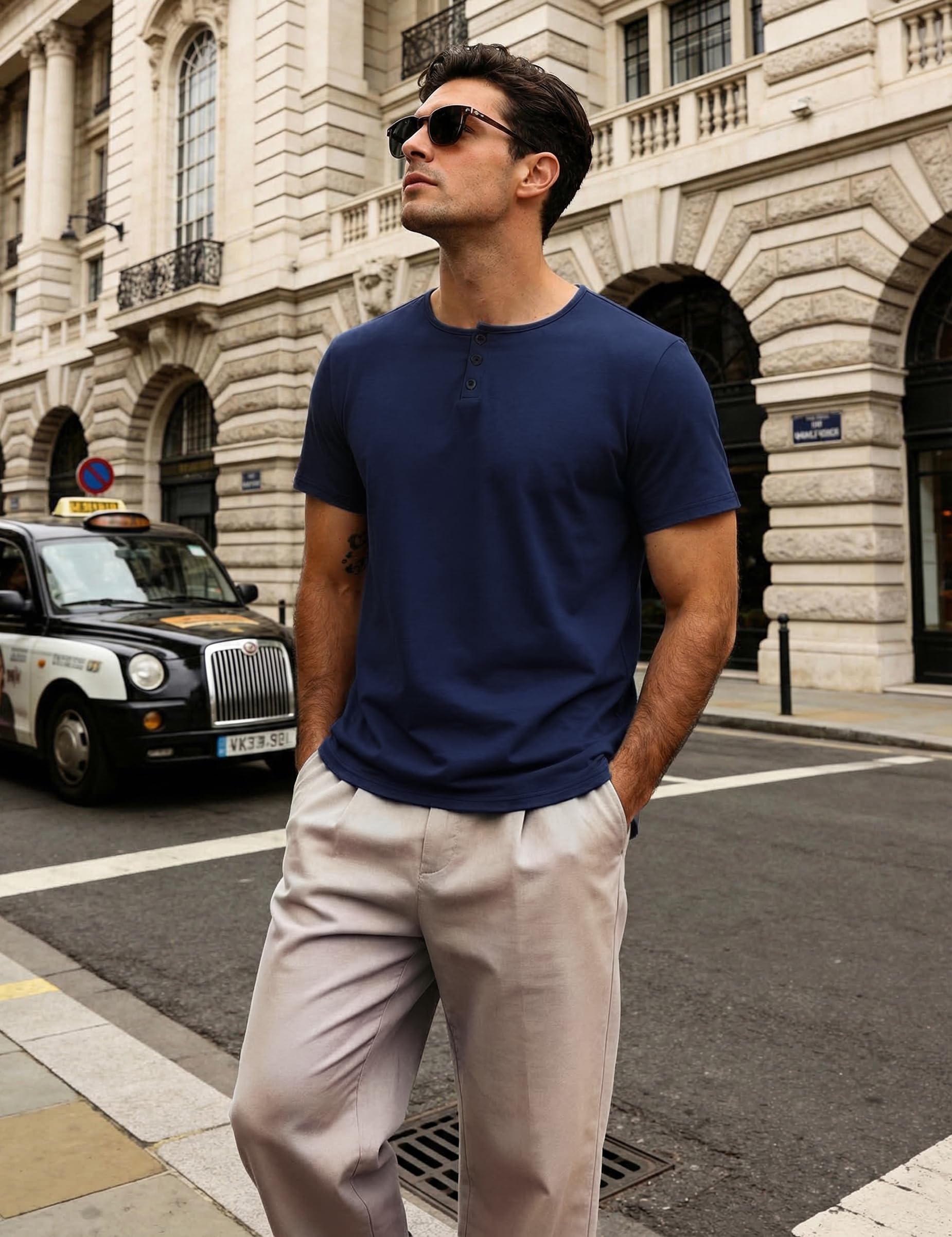 Aseniza Pijamas Hombre Verano Algodón Conjunto Corto Shorty Ropa de Dormir Hombre Cuello Redondo con Botones M-XXL