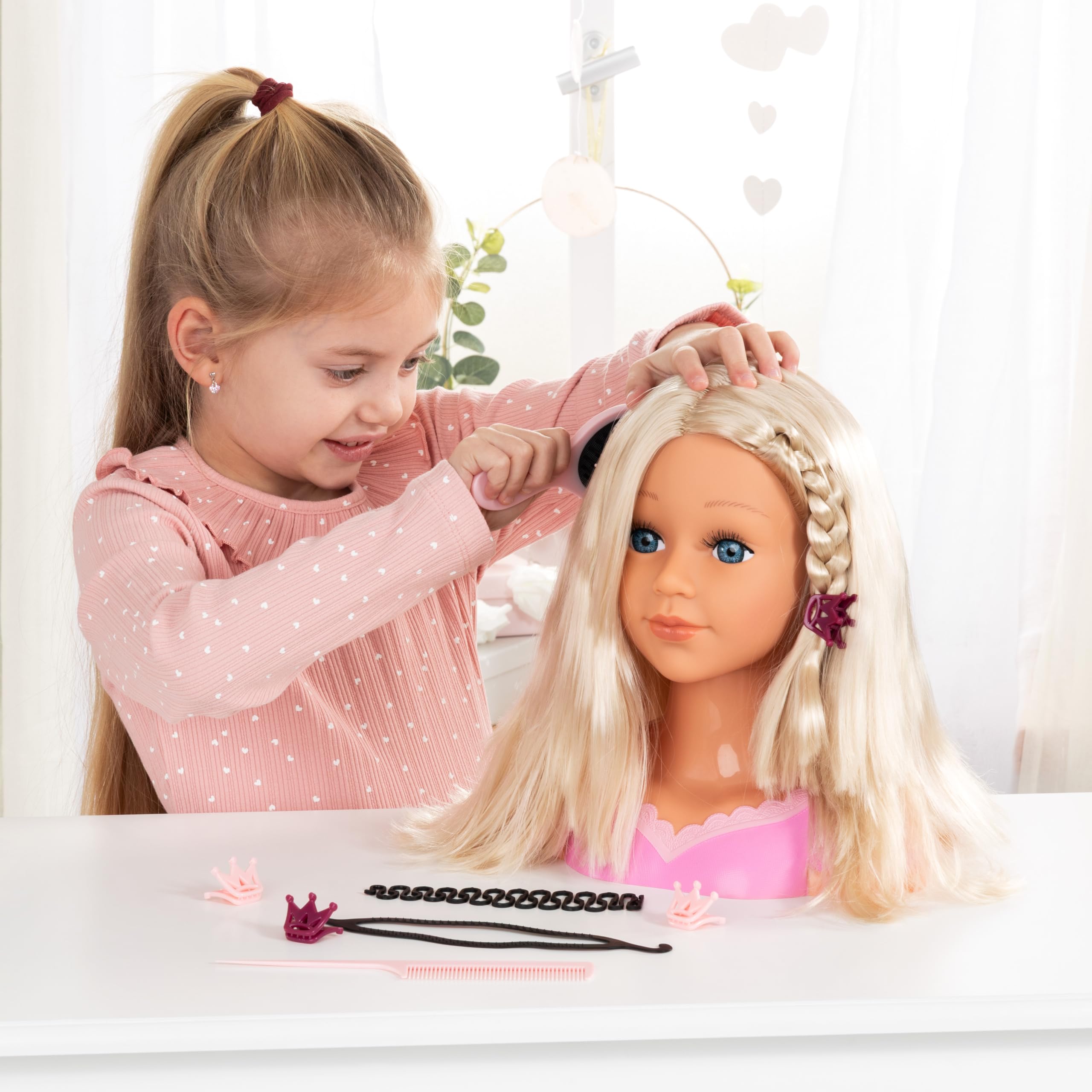 Bayer Design Charlene Super Model Testa da truccare e acconciare | Testa di bambola con accessori per capelli, strumenti per il trucco e un asciugacapelli con suoni e vento