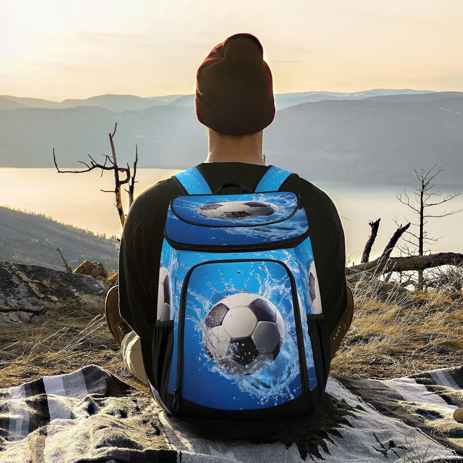 Soccer Ball in Water Splash Cooler Backpack 36 Cans Leakproof Waterproof Backpack Cooler Bag Beach Accessories Travel Camping Fishing Backpack for Women Men