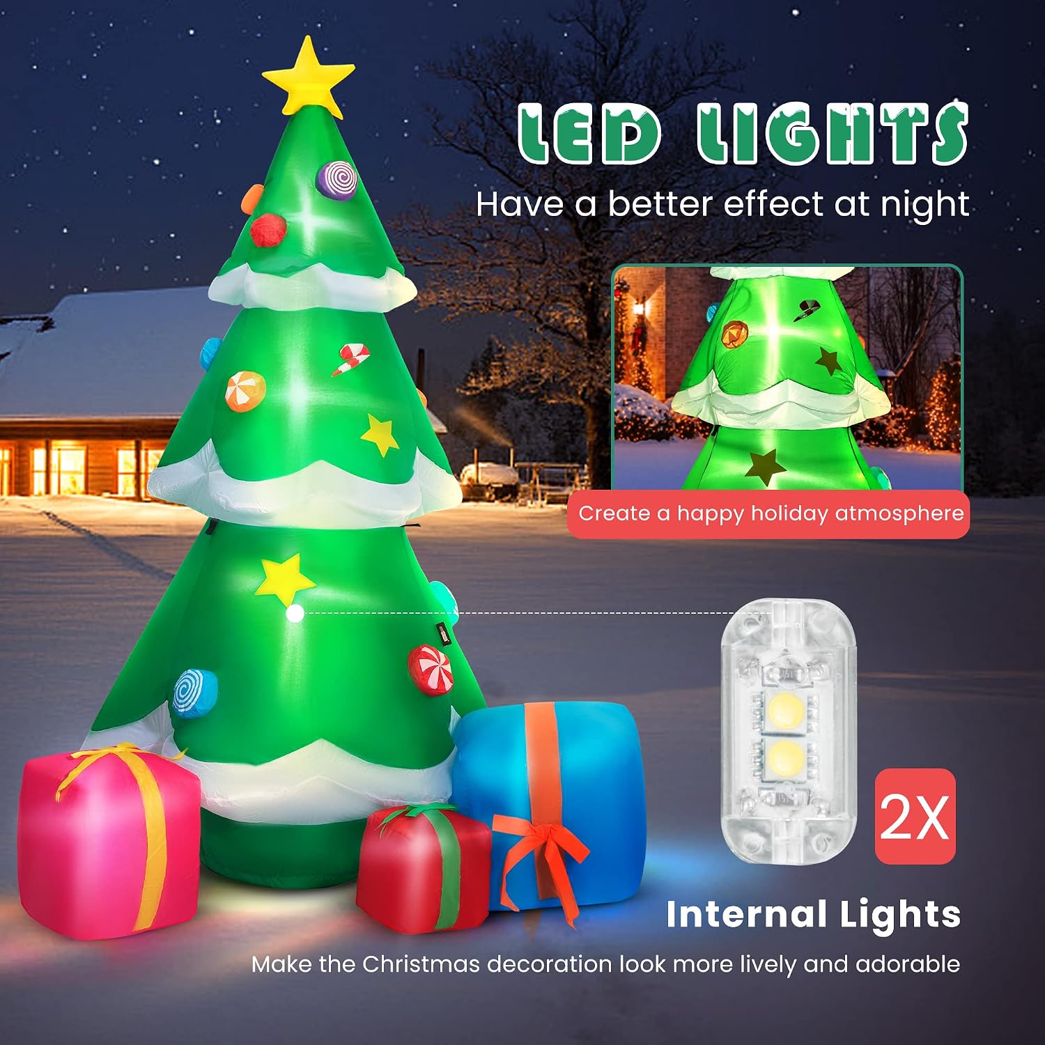 VIVOHOME 6ft Height Inflatable LED Lighted Christmas Tree with 3 Gift Boxes Candy Cane Stars and Ornaments