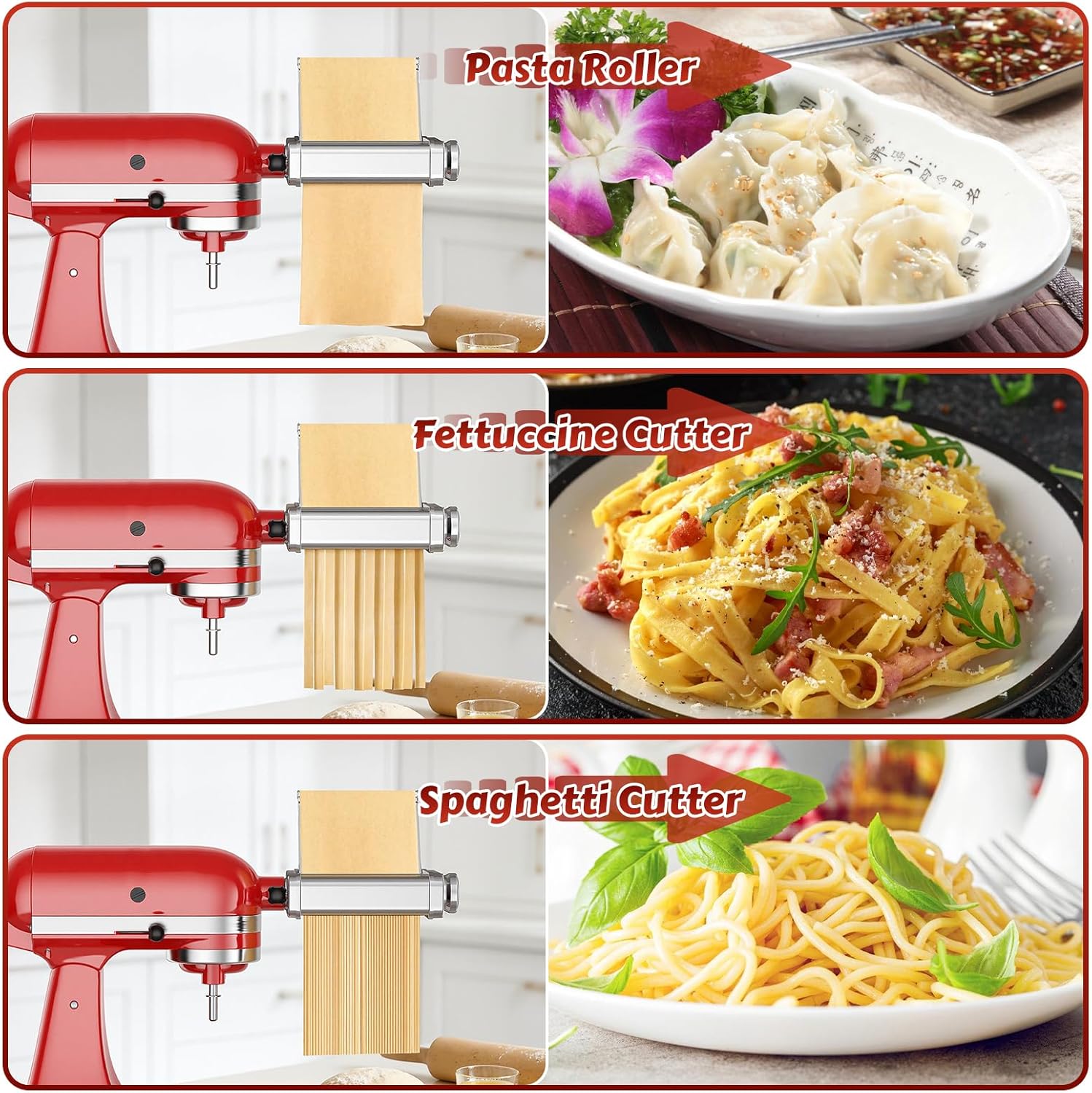 3 in 1 Pasta Attachment for KitchenAid Stand Mixer, Stainless Steel Pasta Maker Kitchen Aid Attachment Included Pasta Sheet Roller, Spaghetti & Fettuccine Cutter by InnoMoon