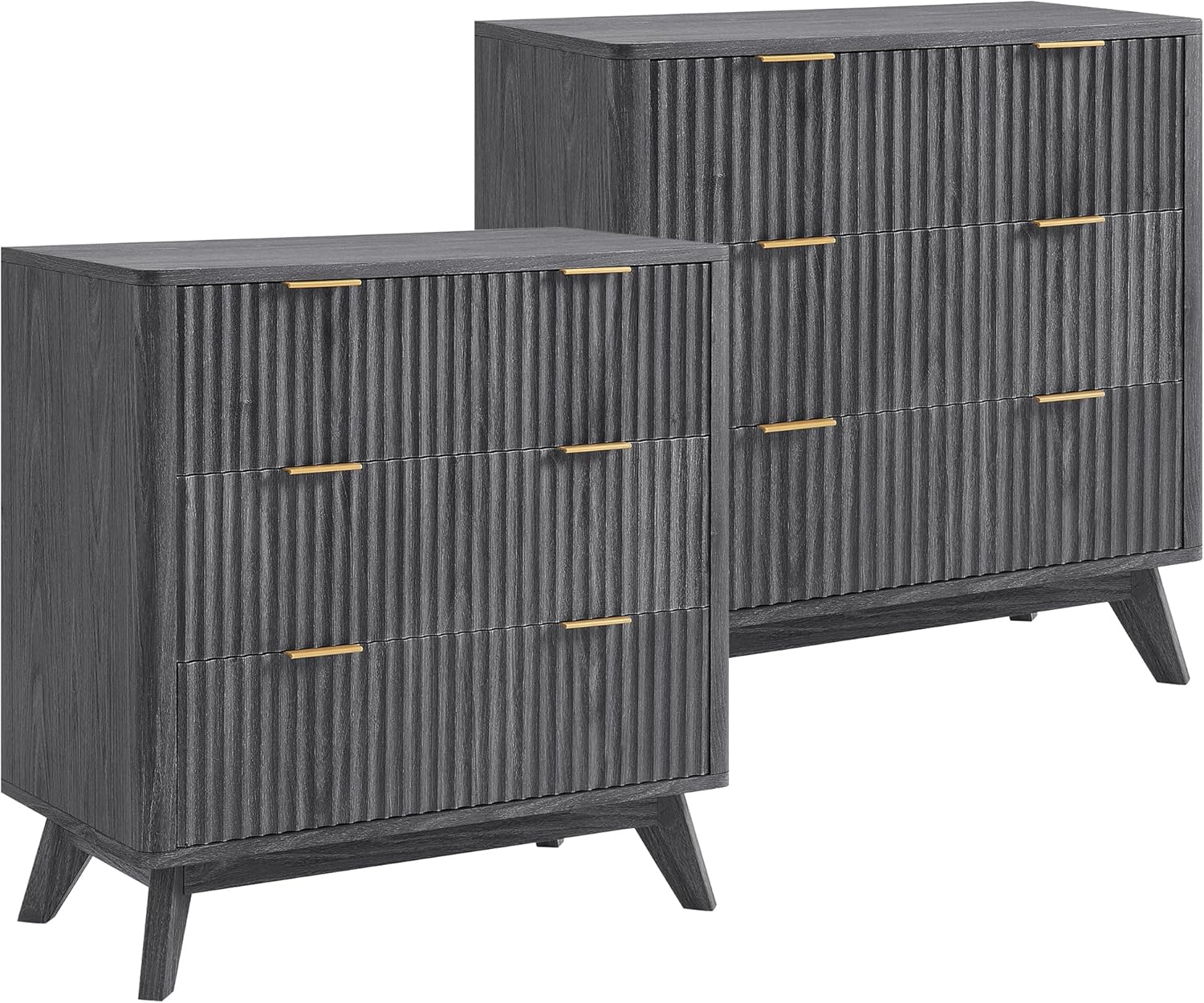 T4TREAM Fluted 3 Drawers Nightstand Set of 2, Oversized Extra Large Modern Side Table, End Table Bedside for Bedroom, Living Room, Curved Profile Design, Dark Alder