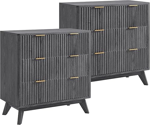 Miniatura 10 de T4TREAM Juego de 2 mesitas de noche acanaladas de 3 cajones, mesa auxiliar moderna extragrande extragrande con parte superior de mármol sintético,