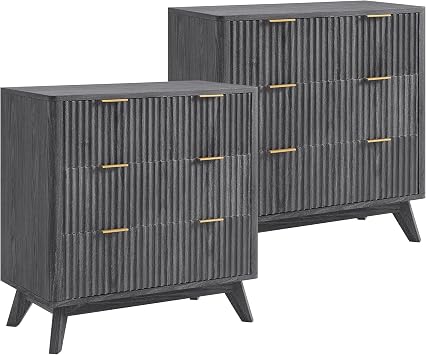 T4TREAM Fluted 3 Drawers Nightstand Set of 2, Oversized Extra Large Modern Side Table, End Table Bedside for Bedroom, Living Room, Curved Profile Design, Dark Alder