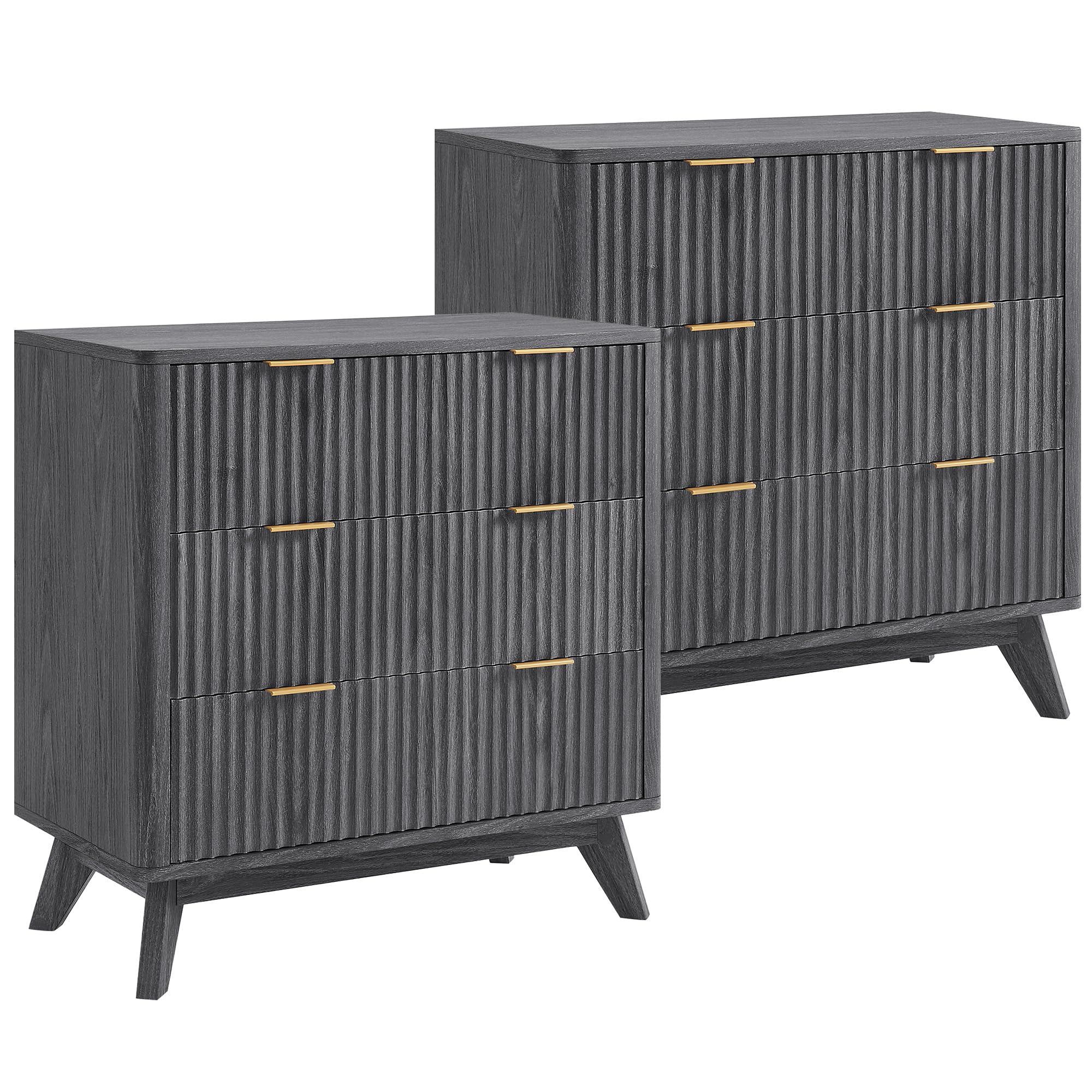 T4TREAM Fluted 3 Drawers Nightstand Set of 2