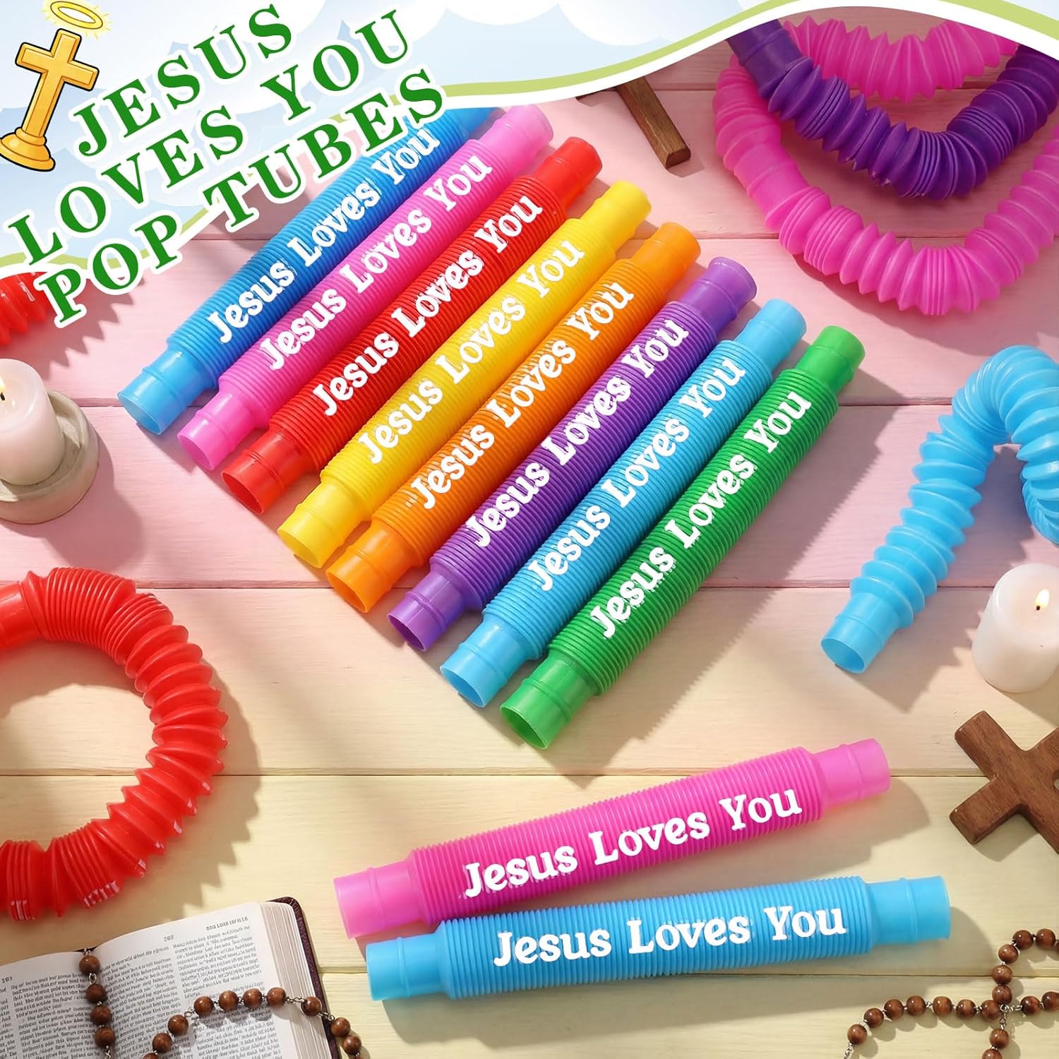 Skylety 64 Pack Christian Easter Gifts for Kids Pop Tubes Sensory Fidget Toy Party Favors 8 Colors Jesus Loves You Pop Tubes Creativity Fun for Toddler Kids Easter Party Favors Sunday School Gifts