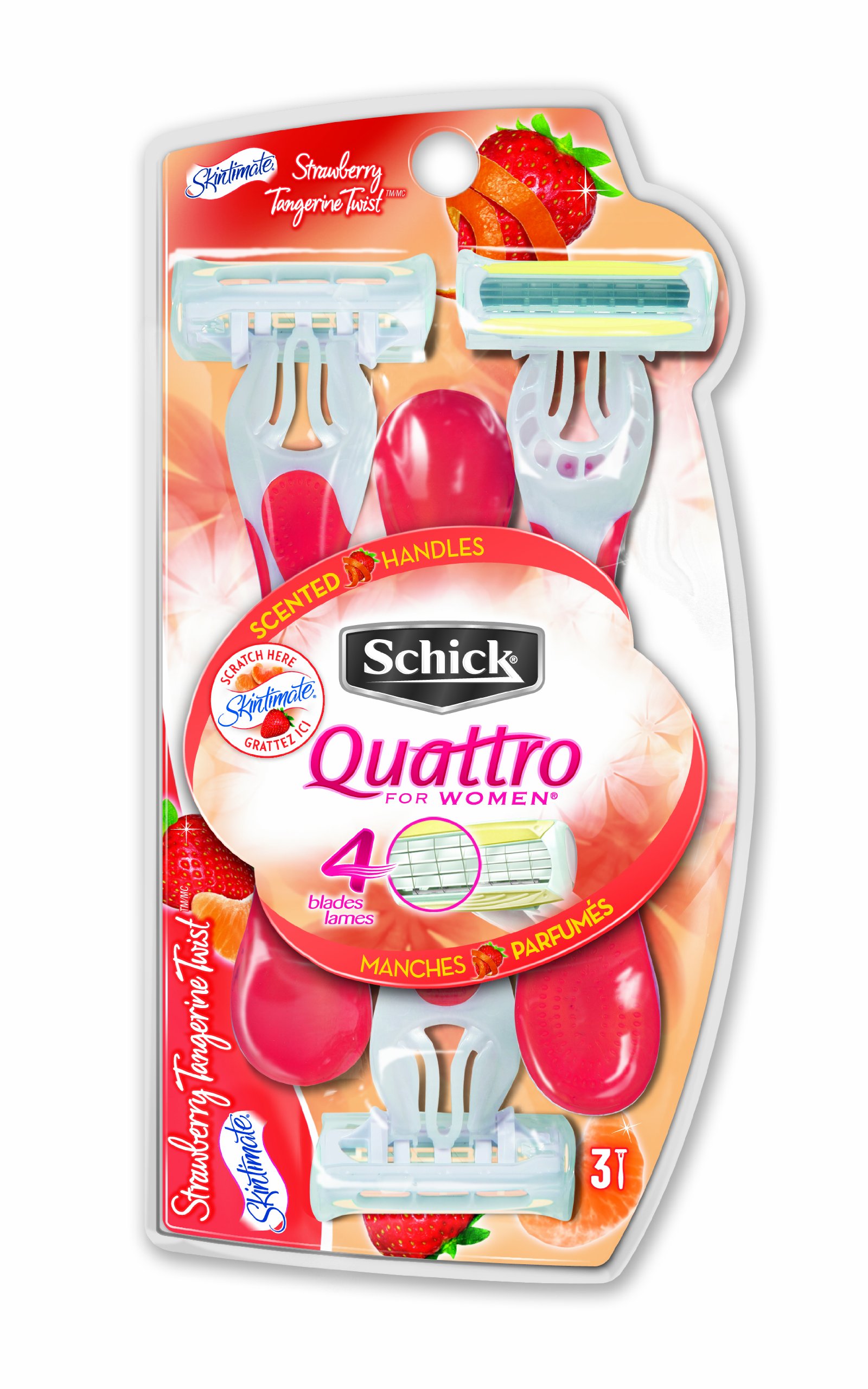 Schick Quattro Women's Smooth Disposable Razor, Strawberry Tangerine, 3 Count