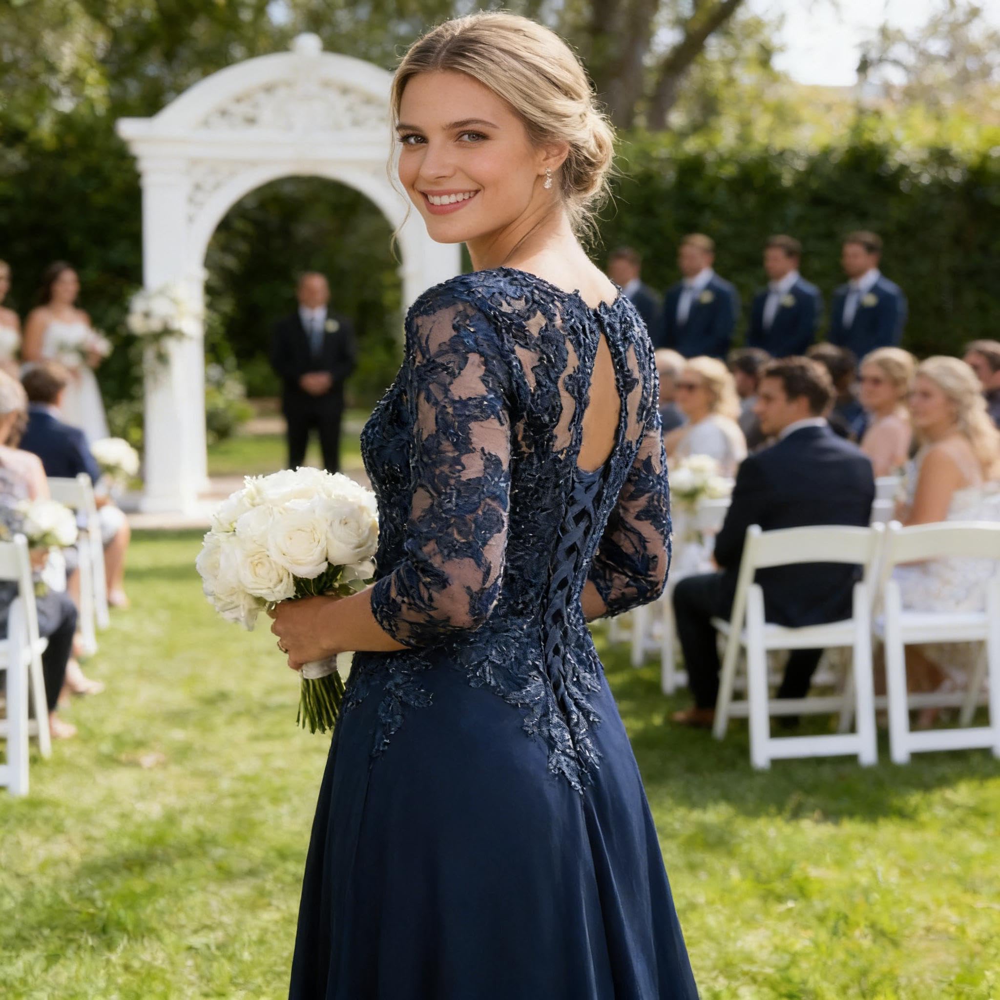 Robes de mère de la mariée à manches 3/4 pour mariage en mousseline de soie appliques en dentelle col en V longue robe de soirée formelle