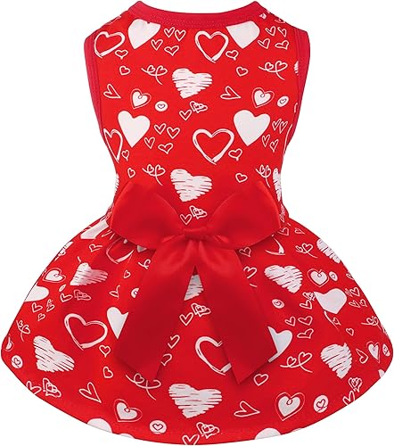 Pedgot Vestido de algodón para perro para el día de San Valentín ropa roja para cachorros vestido elegante de princesa con lazo camisa para perrito
