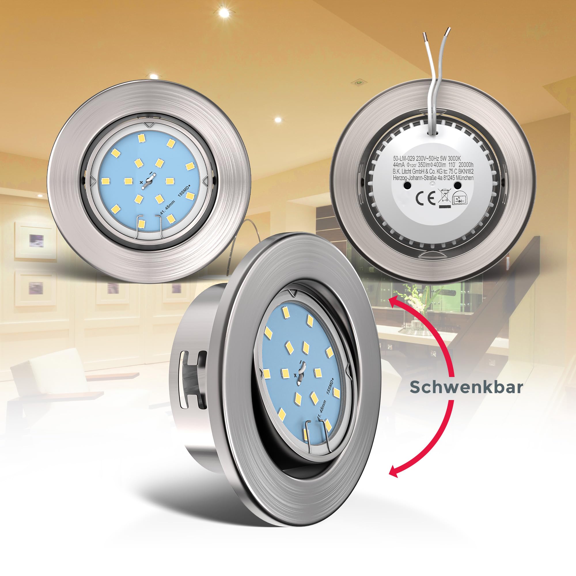 B.K.Licht zestaw lamp sufitowych LED do zabudowy z wbudowanymi diodami LED 5 W, zestaw 5 sztuk