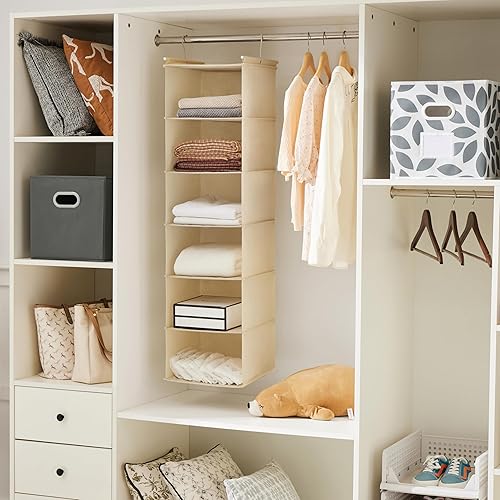 Miniatura 5 de MAX Houser Organizador colgante de armario de 6 niveles, estante colgante de tela con 2 ganchos resistentes para almacenamiento, plegable (beige)