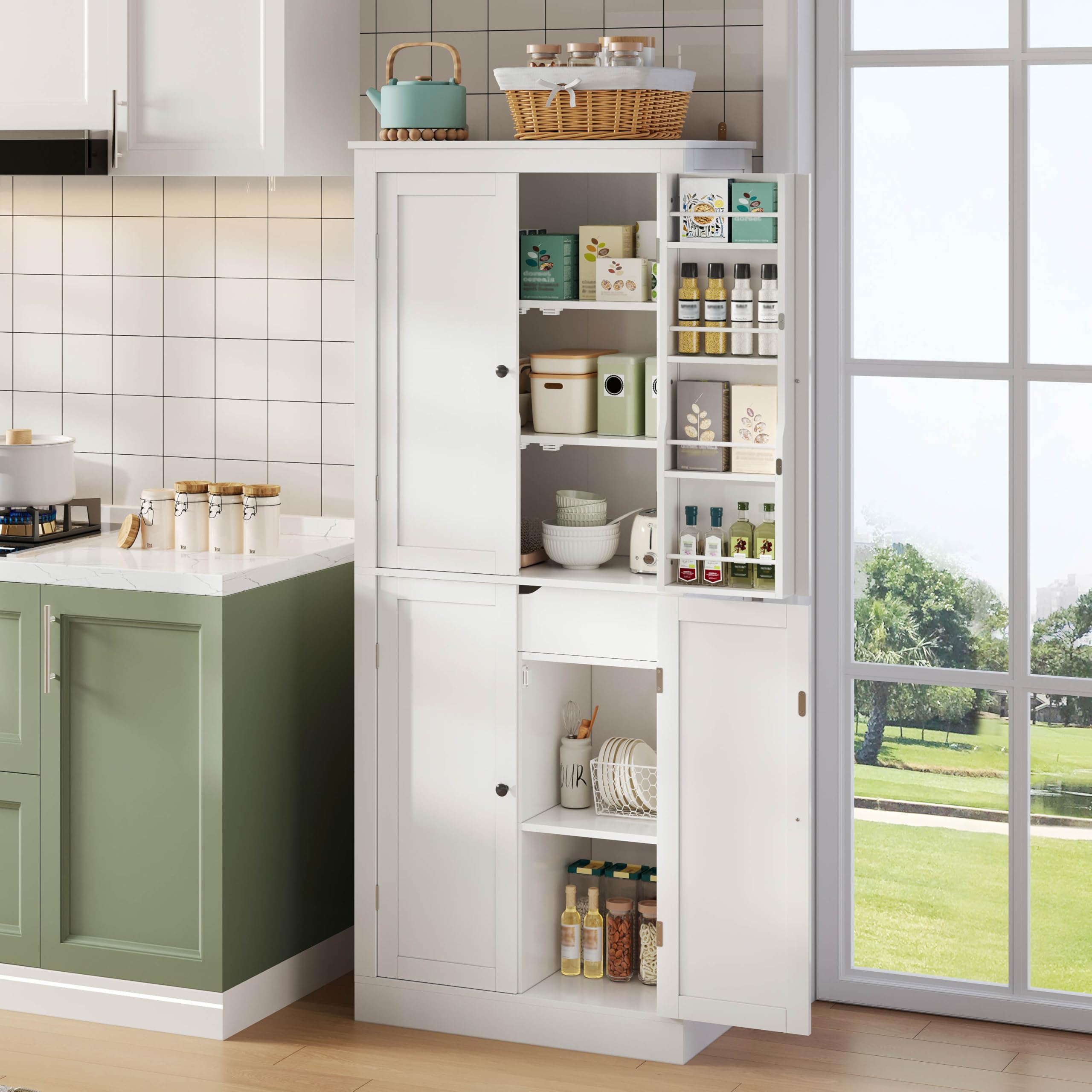 Armario de cocina de 182 cm, armario alto con 4 puertas y 1 cajón, armario de 6 compartimentos, 4 estantes ajustables y estantes para puertas, armario de almacenamiento para cocina (blanco, B)