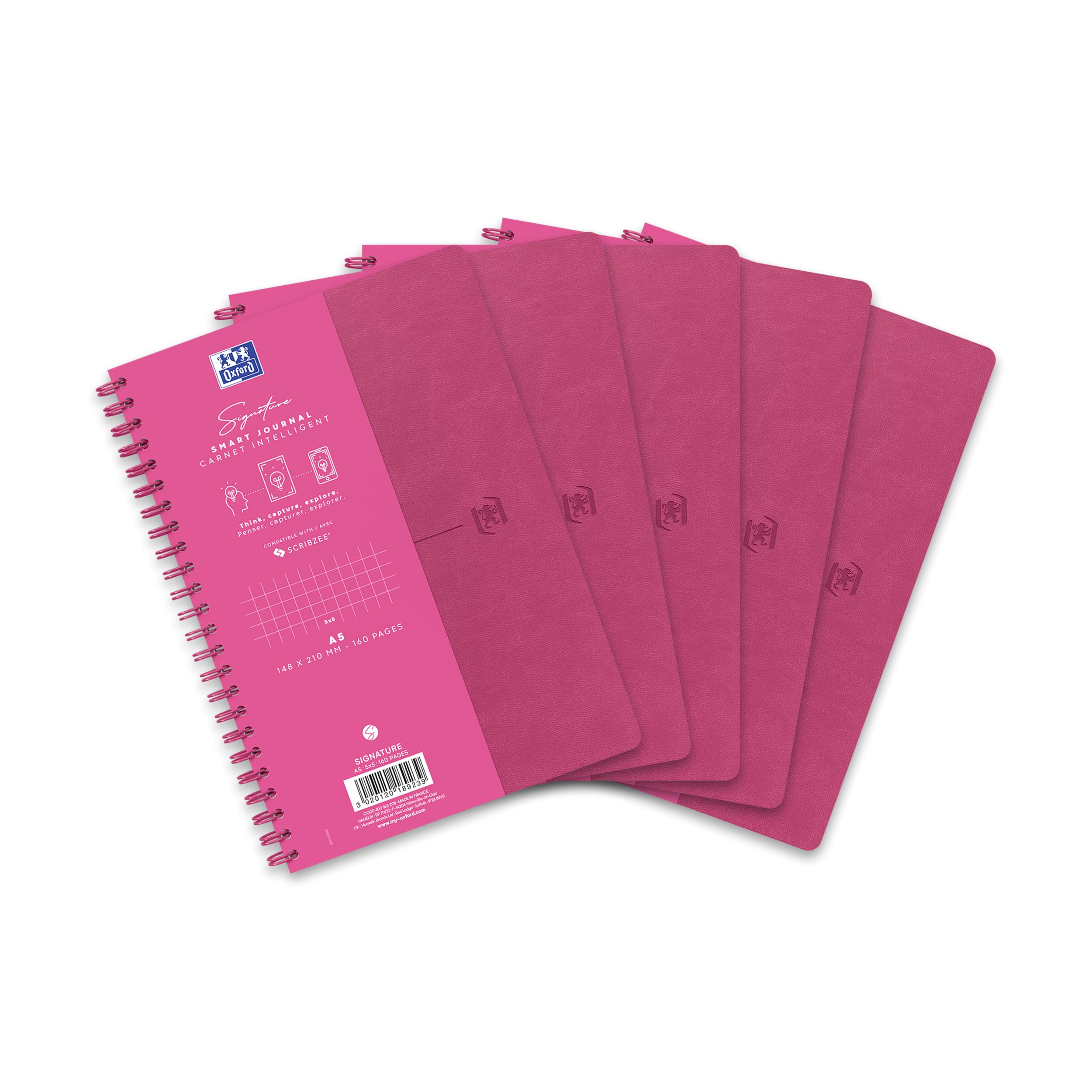 Oxford Confezione da 5 quaderni a spirale, formato A5, a quadretti, 160 pagine, con copertina flessibile, colore: fucsia