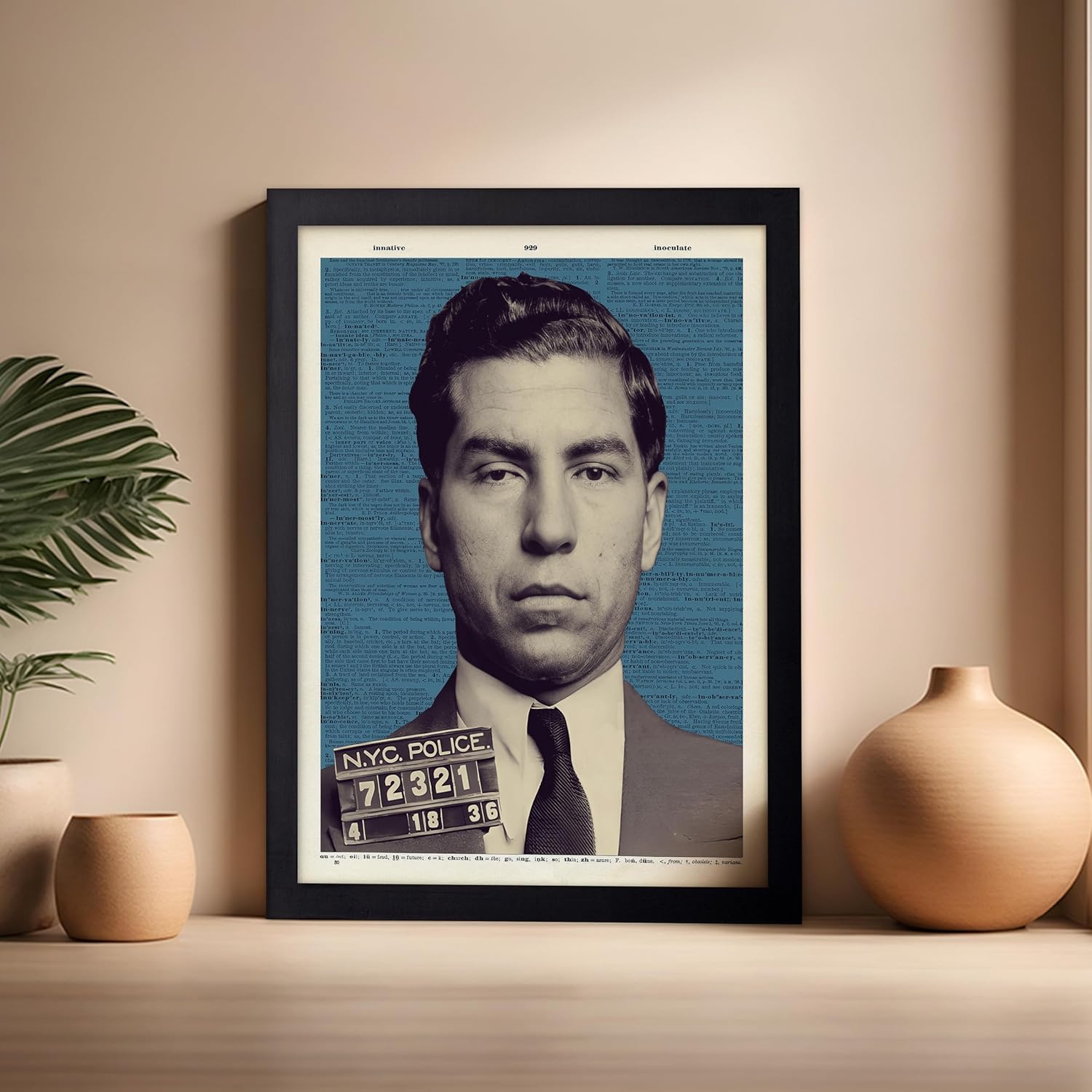 Poster Master Lucky Luciano Poster - Retro Lucky Luciano Mugshot Print - Italian Gangster Art - Five Points Gang Illustration - Dictionary Art - Bedroom or Living Room Wall Decor - 16x20 Black Framed