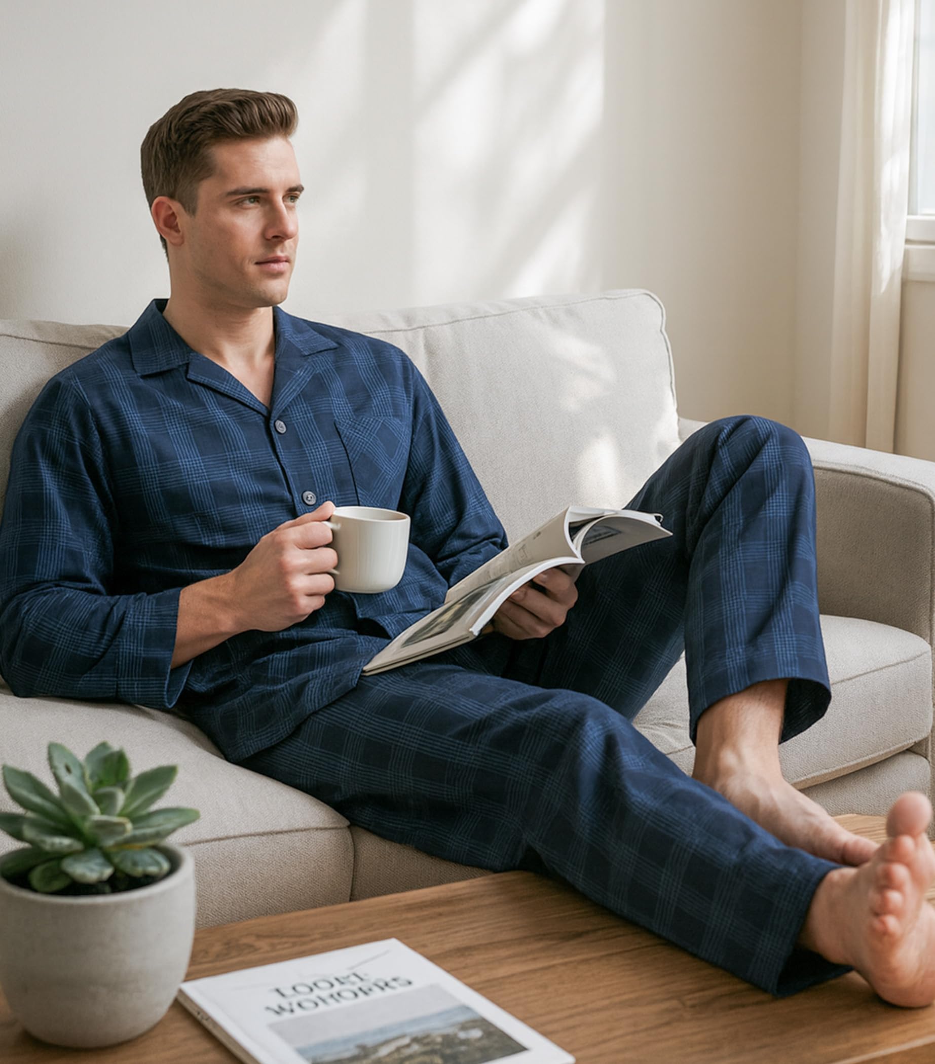 DAVID ARCHY Conjunto de pijama para hombre, de algodón tejido, a cuadros, con botones, ligero y transpirable